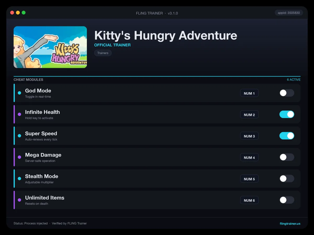 Kitty's Hungry Adventure Trainer interface
