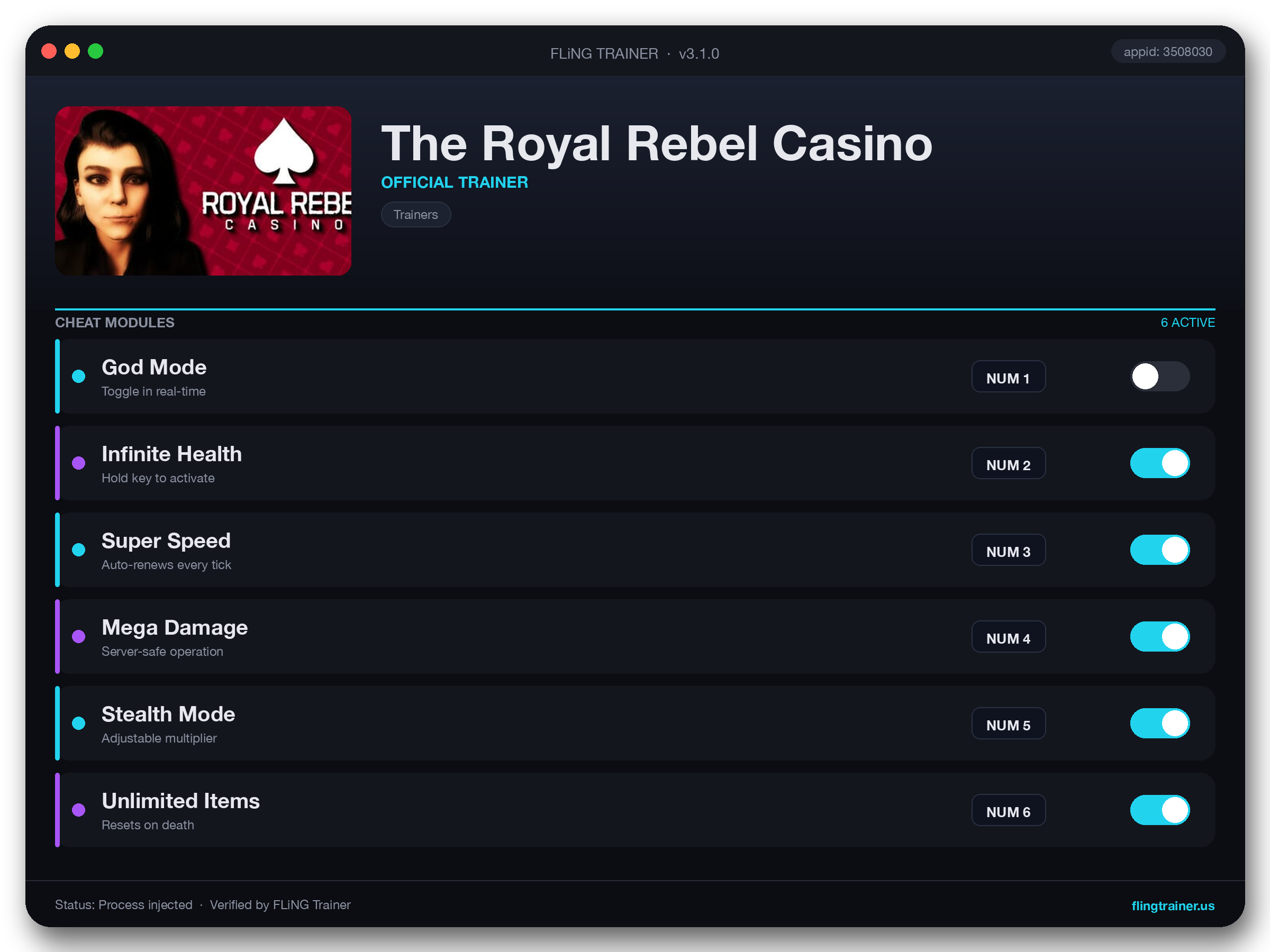 The Royal Rebel Casino Trainer interface