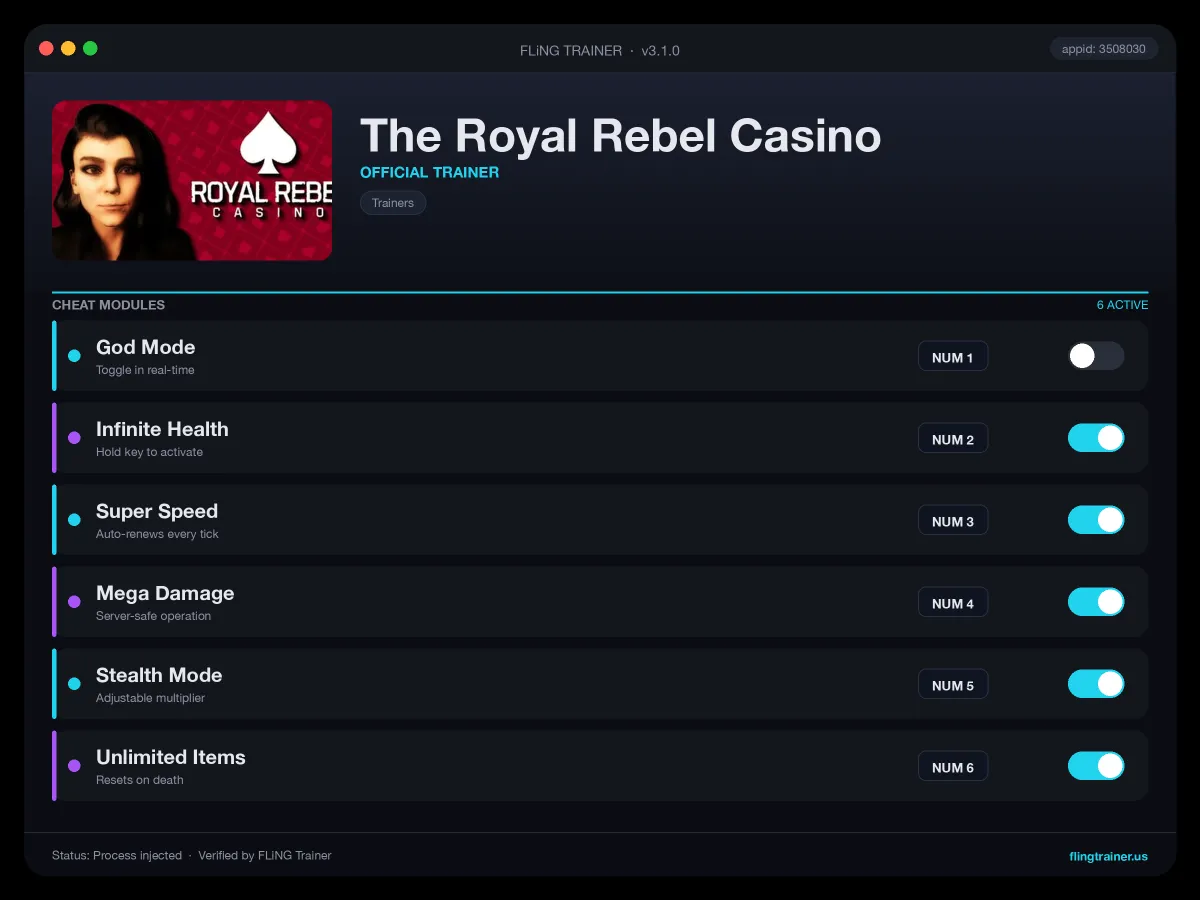 The Royal Rebel Casino Trainer interface