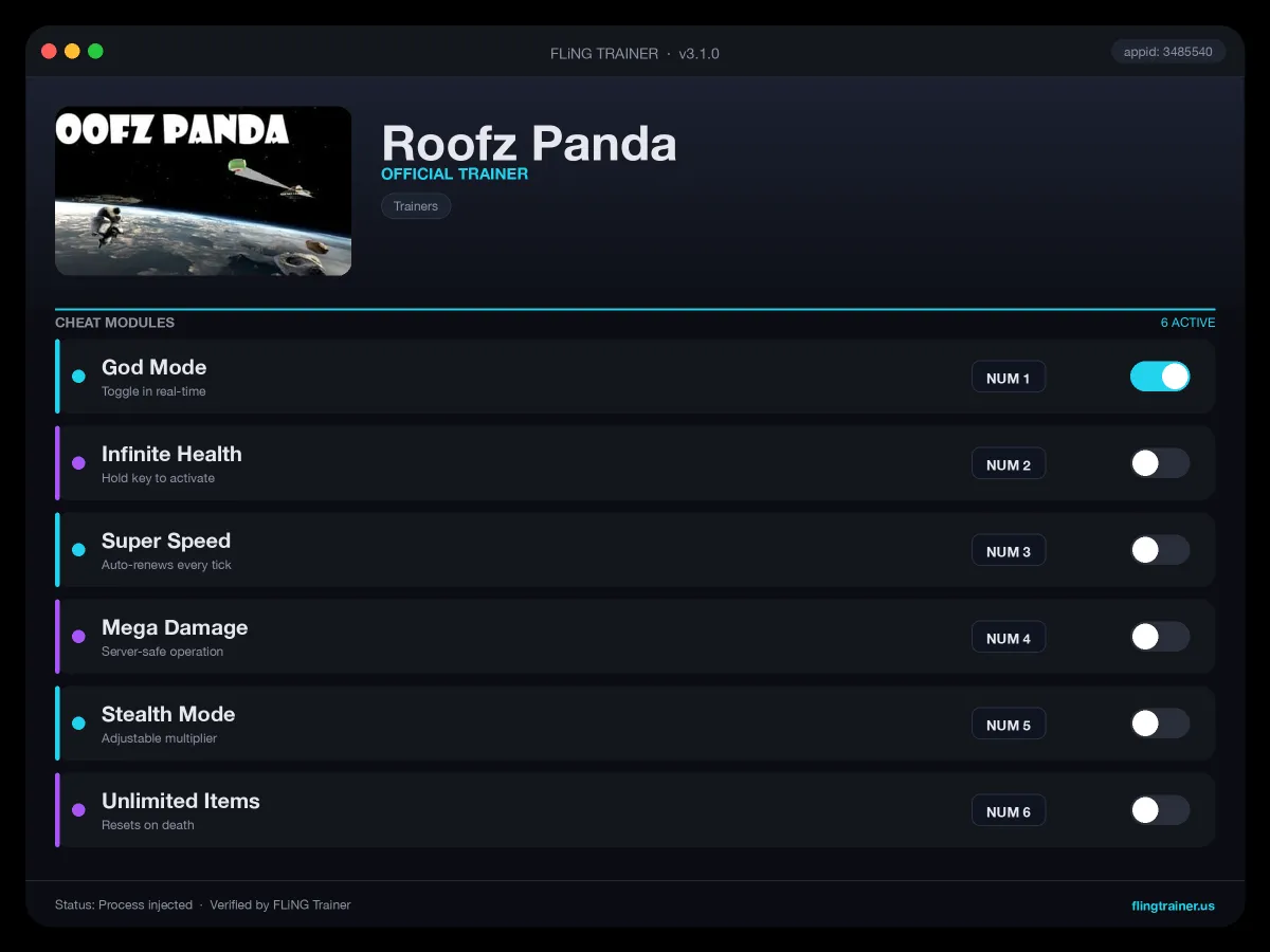 Roofz Panda Trainer interface