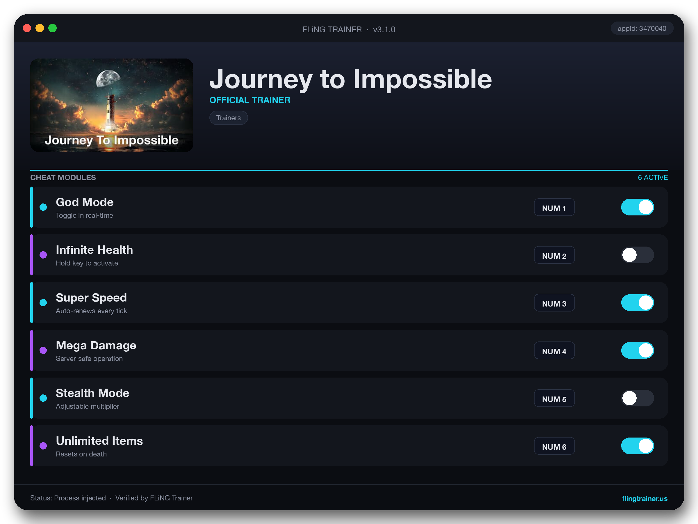 Journey to Impossible Trainer interface