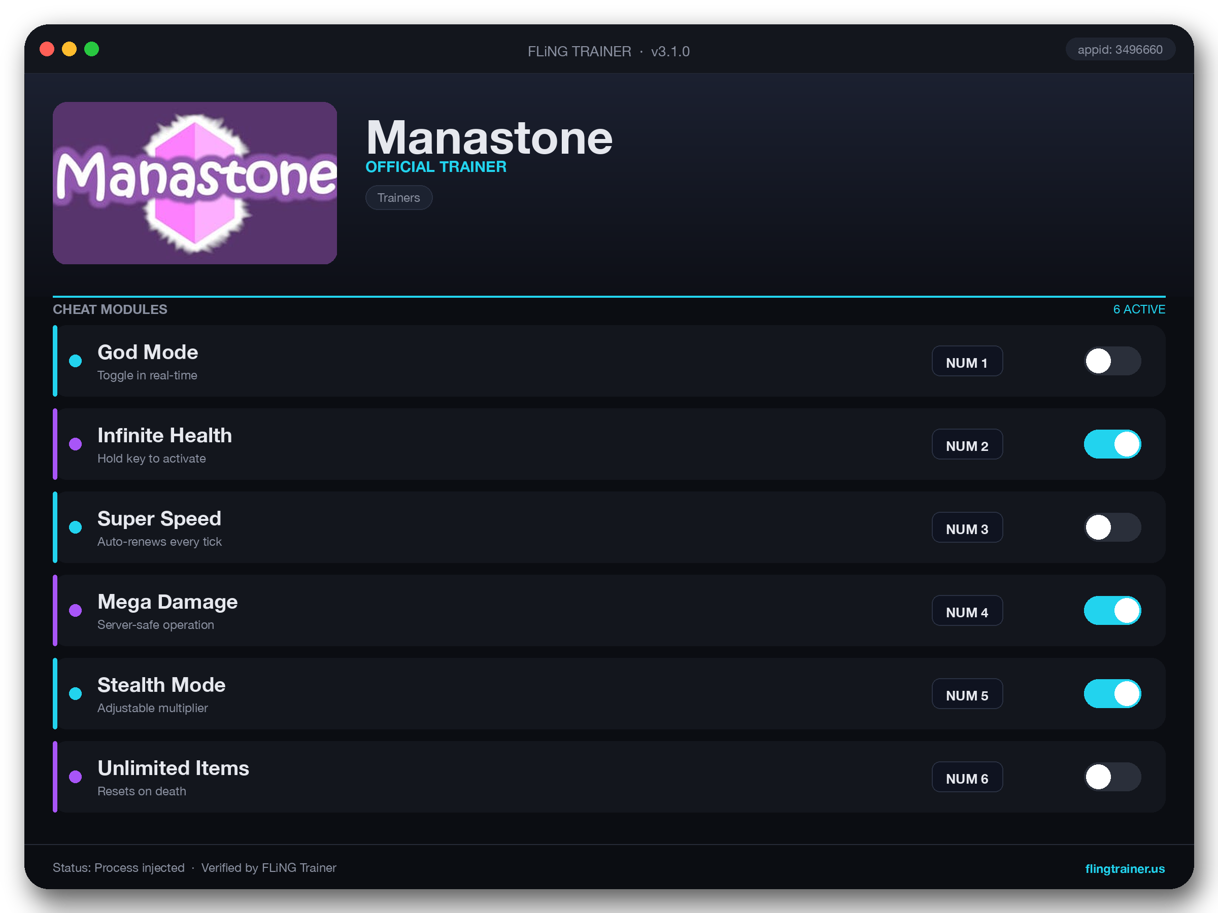 Manastone Trainer interface