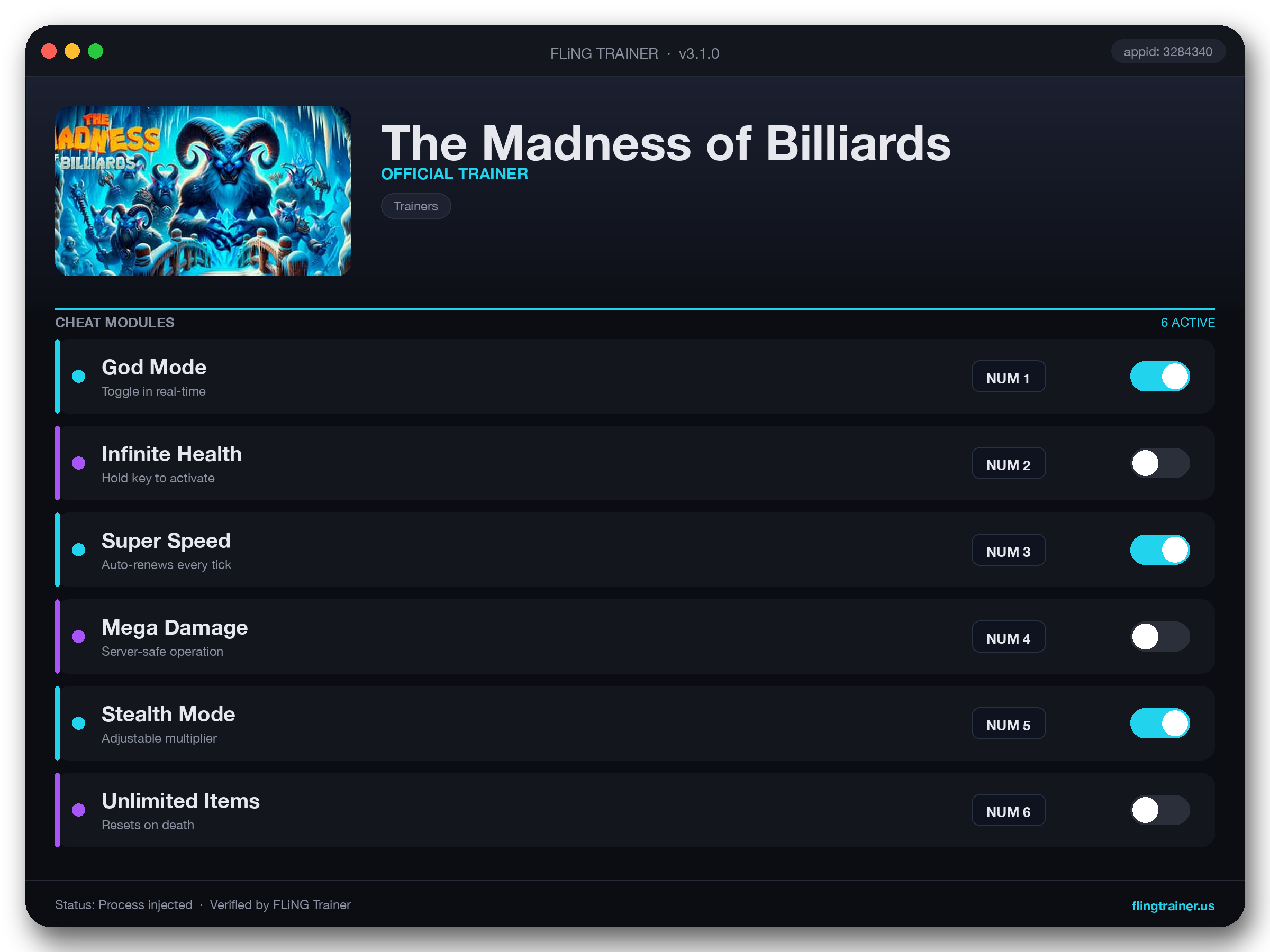 The Madness of Billiards Trainer interface