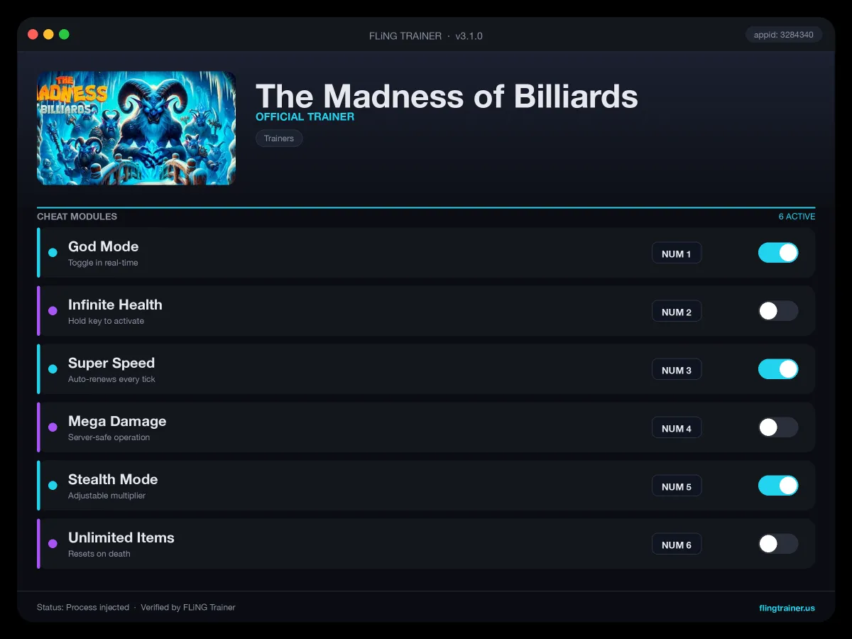 The Madness of Billiards Trainer interface