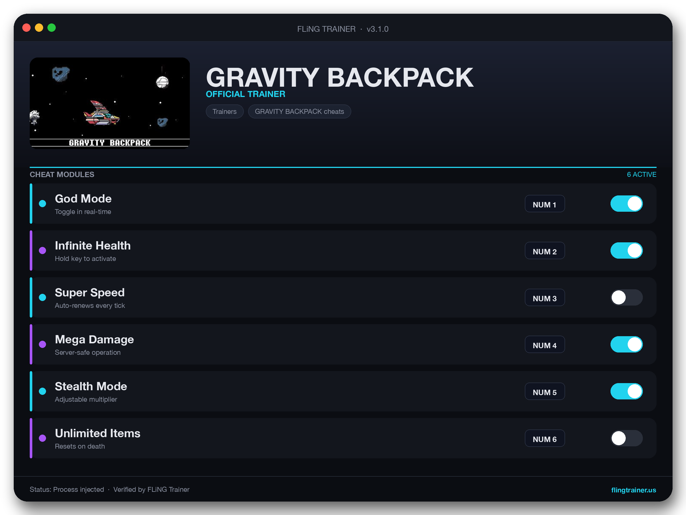 GRAVITY BACKPACK Trainer interface