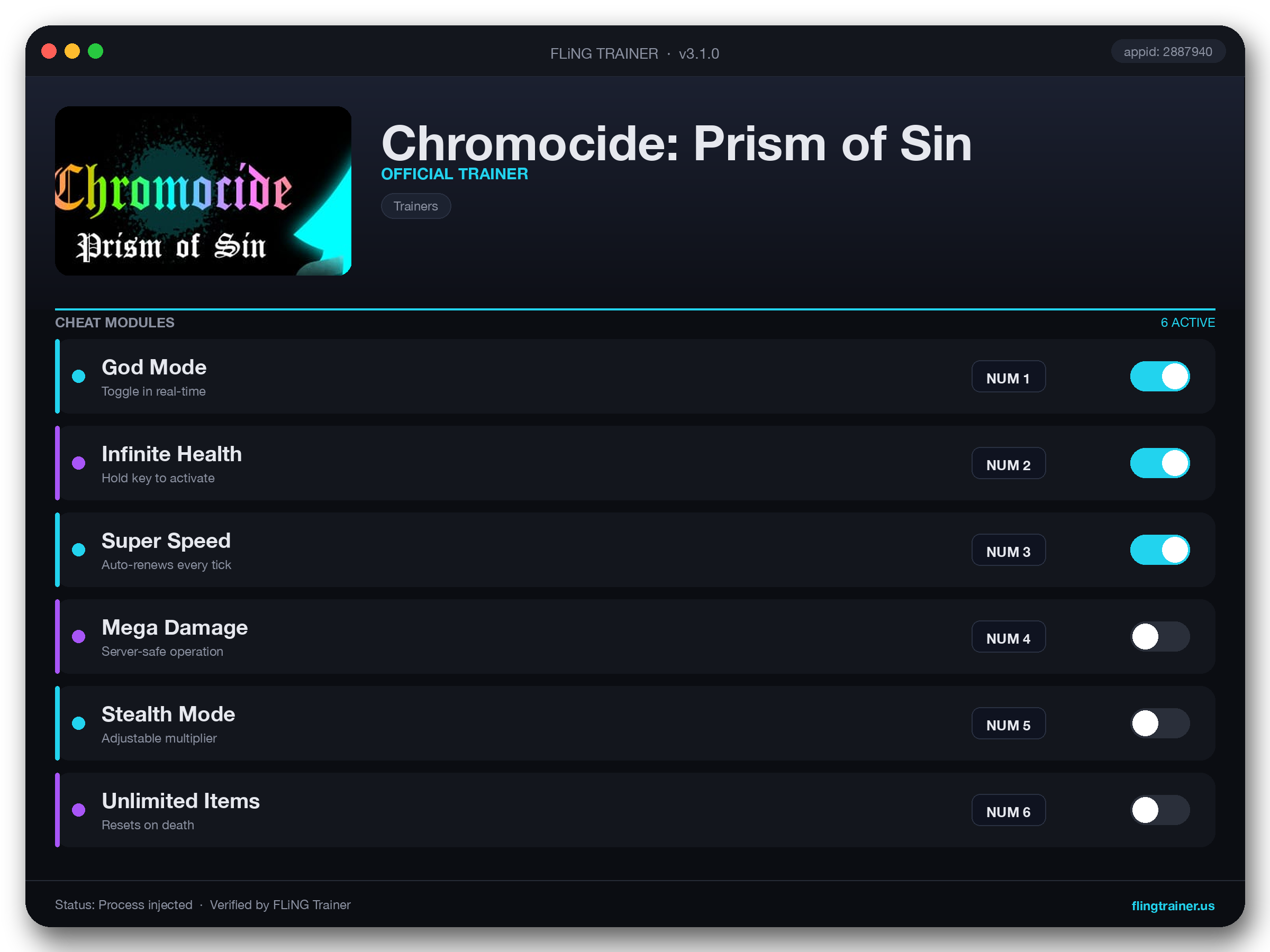 Chromocide: Prism of Sin Trainer interface