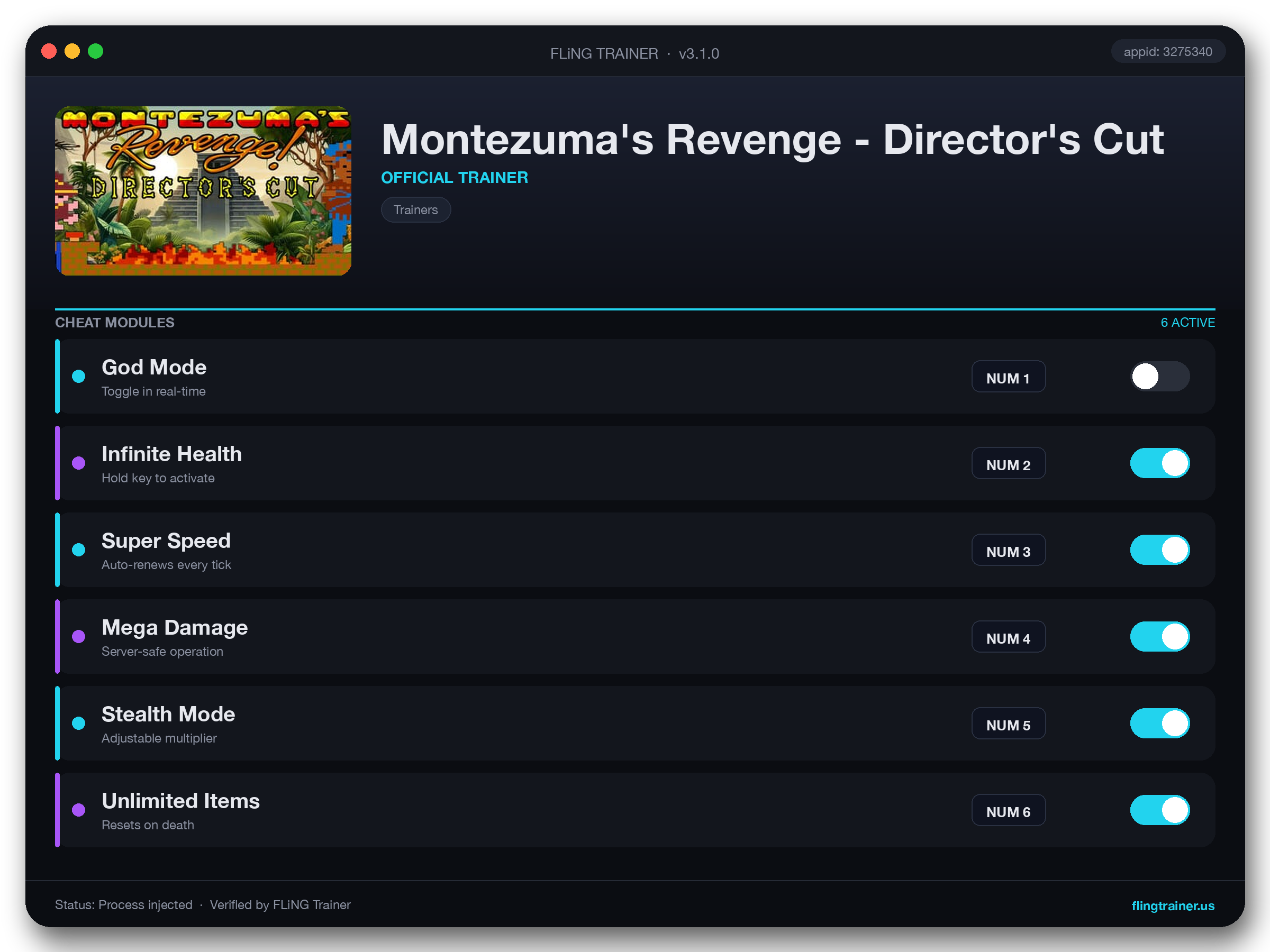 Montezuma's Revenge - Director's Cut Trainer interface