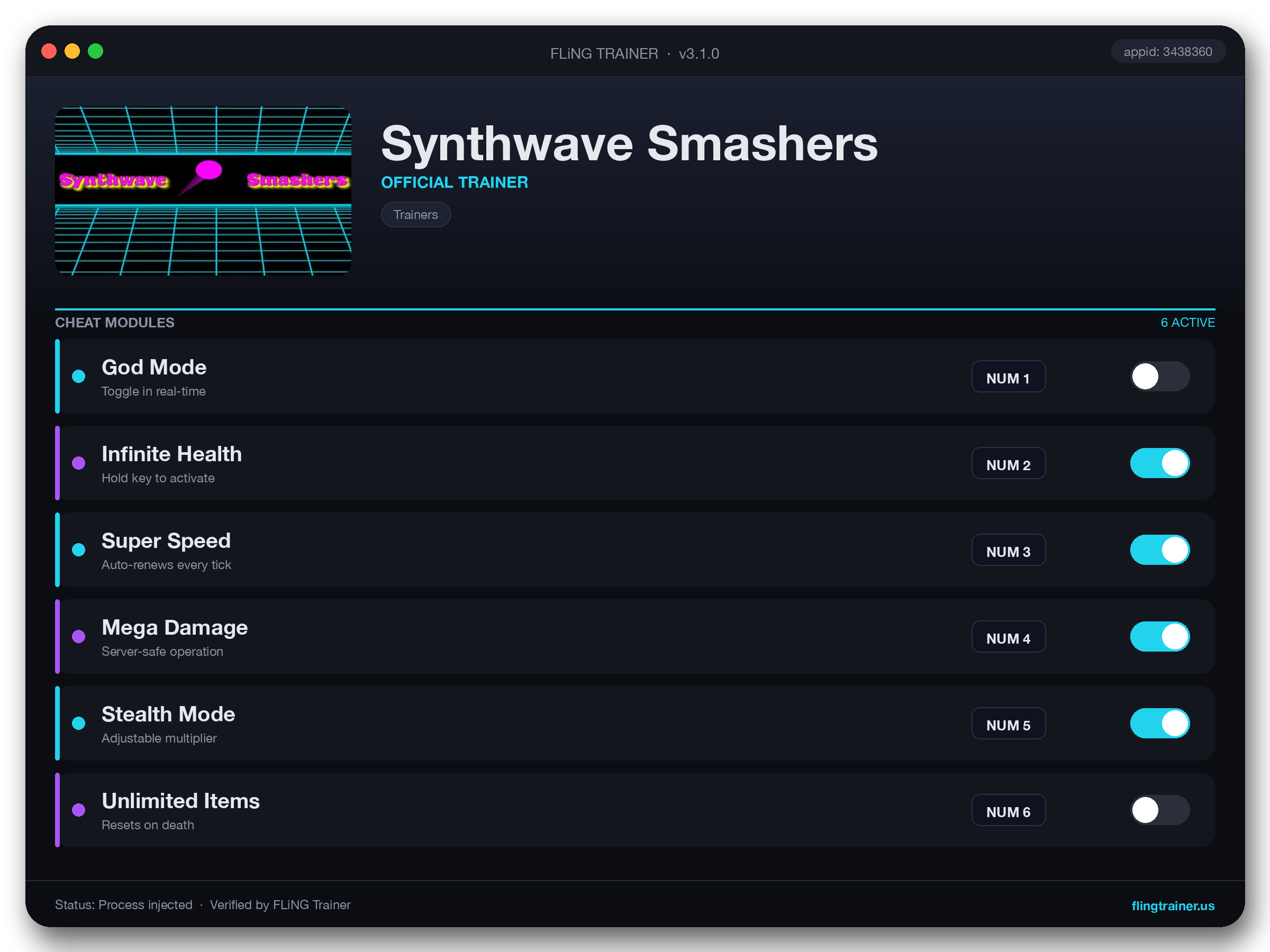 Synthwave Smashers Trainer interface