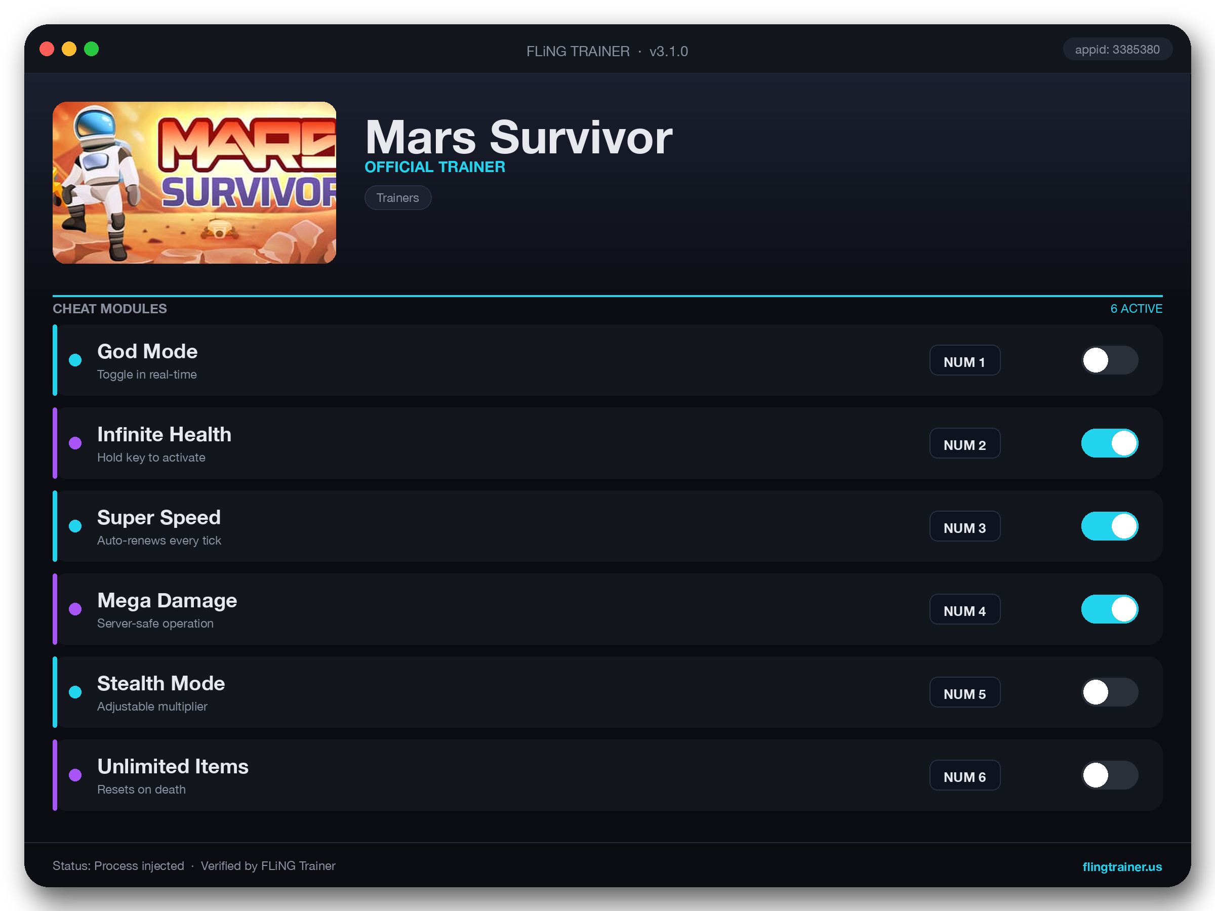 Mars Survivor Trainer interface