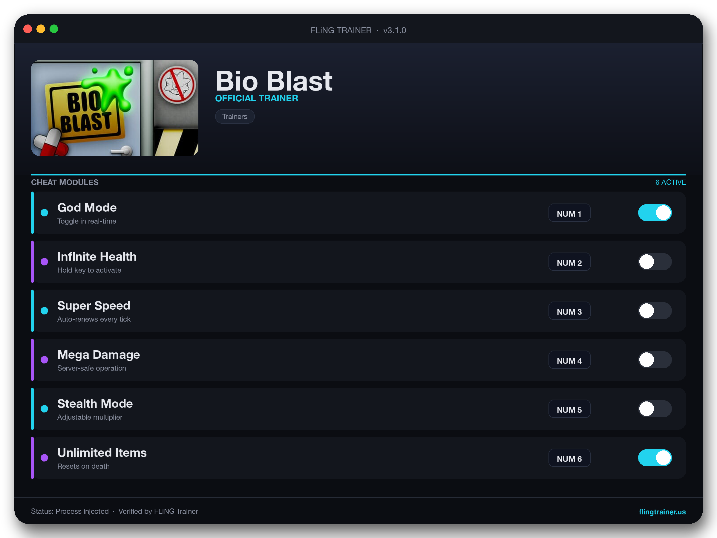 Bio Blast Trainer interface