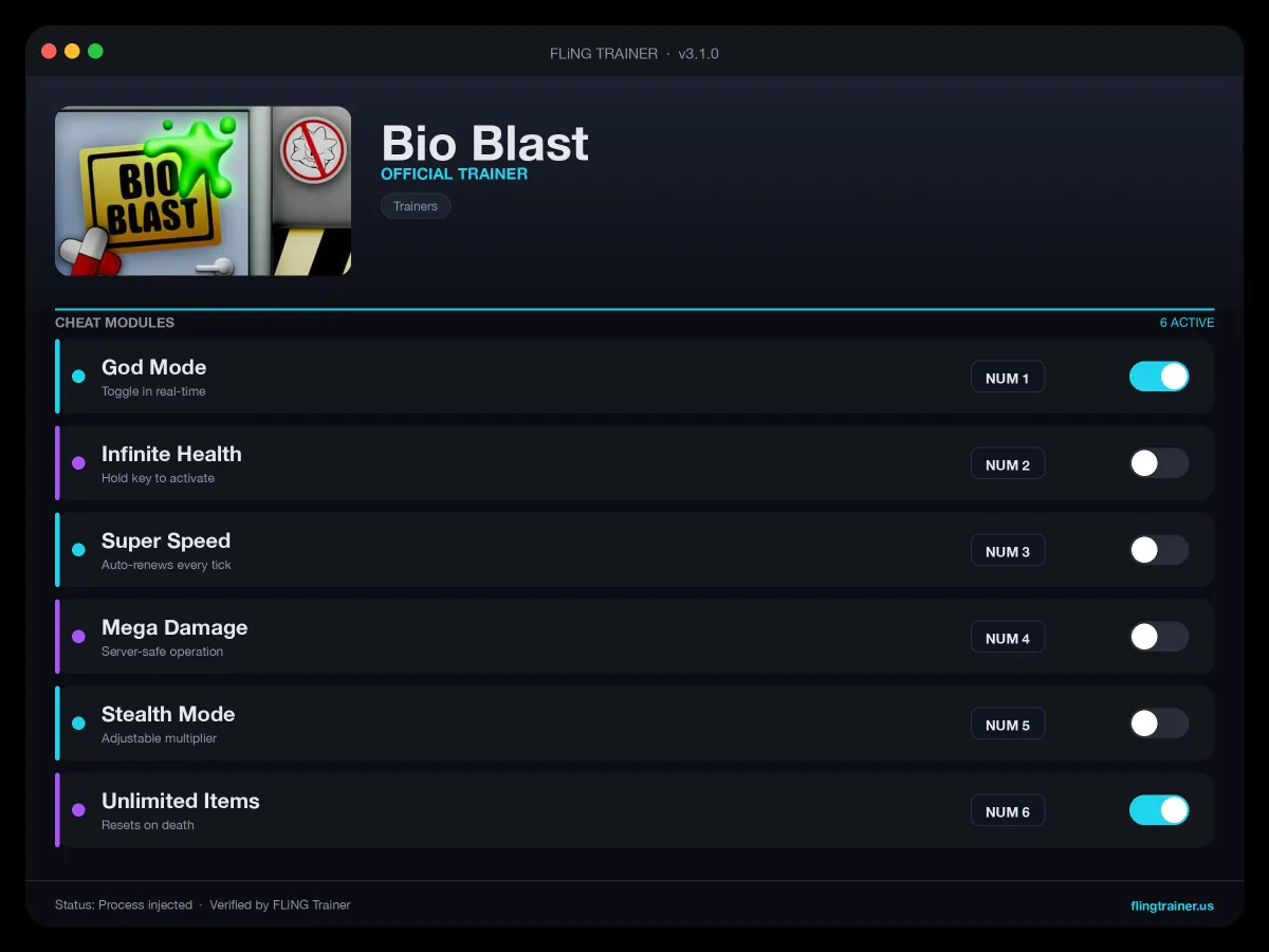 Bio Blast Trainer interface