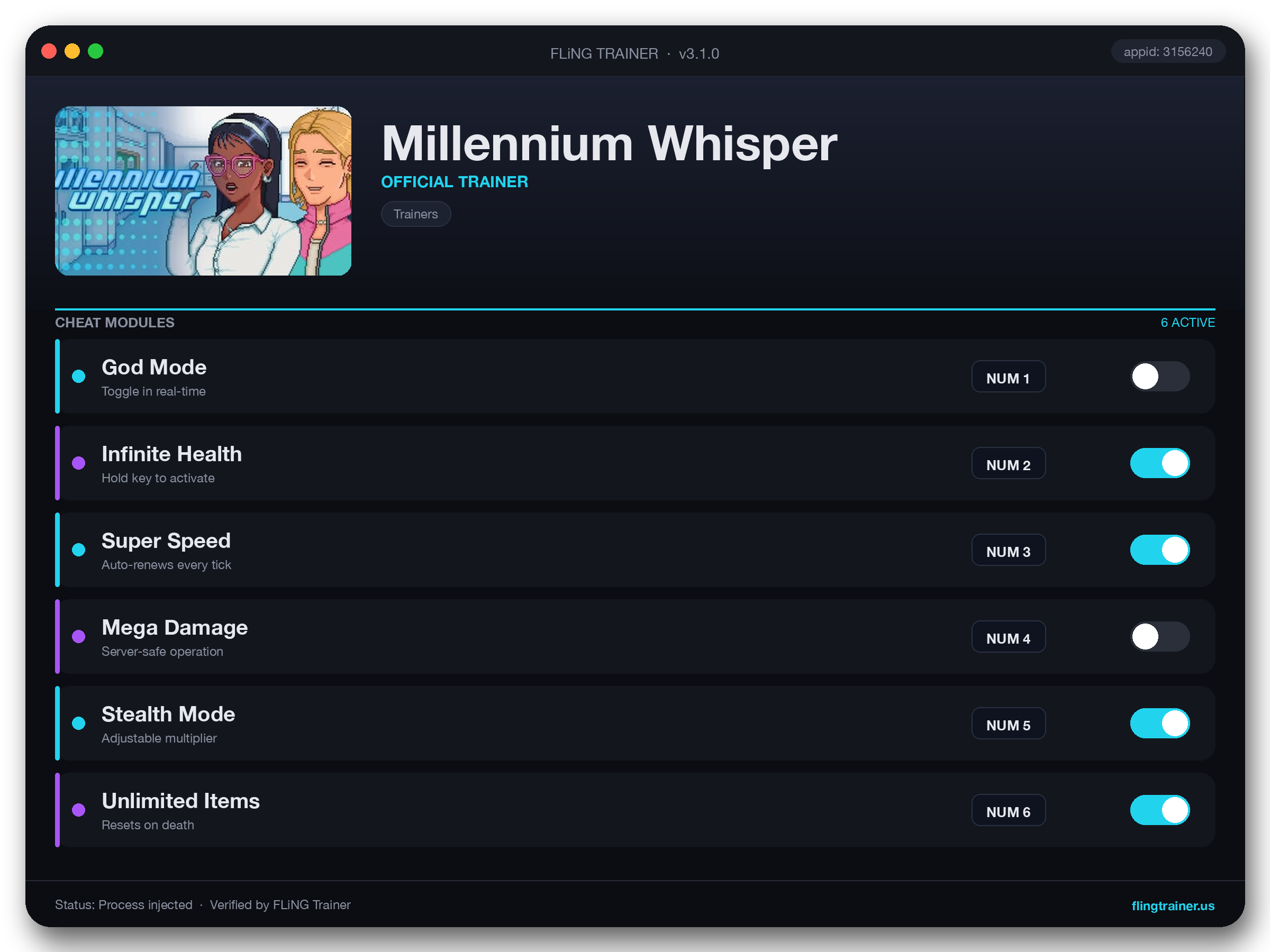 Millennium Whisper Trainer interface