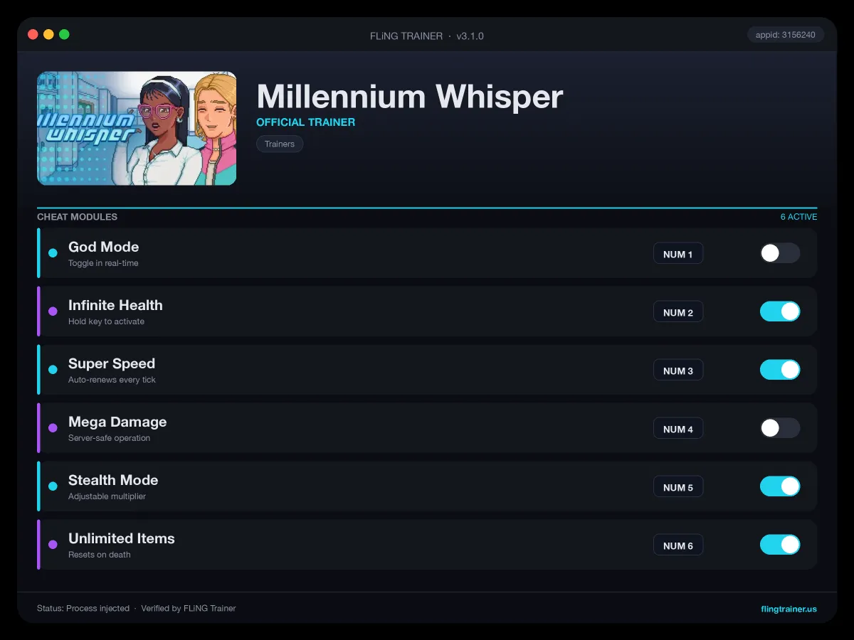 Millennium Whisper Trainer interface