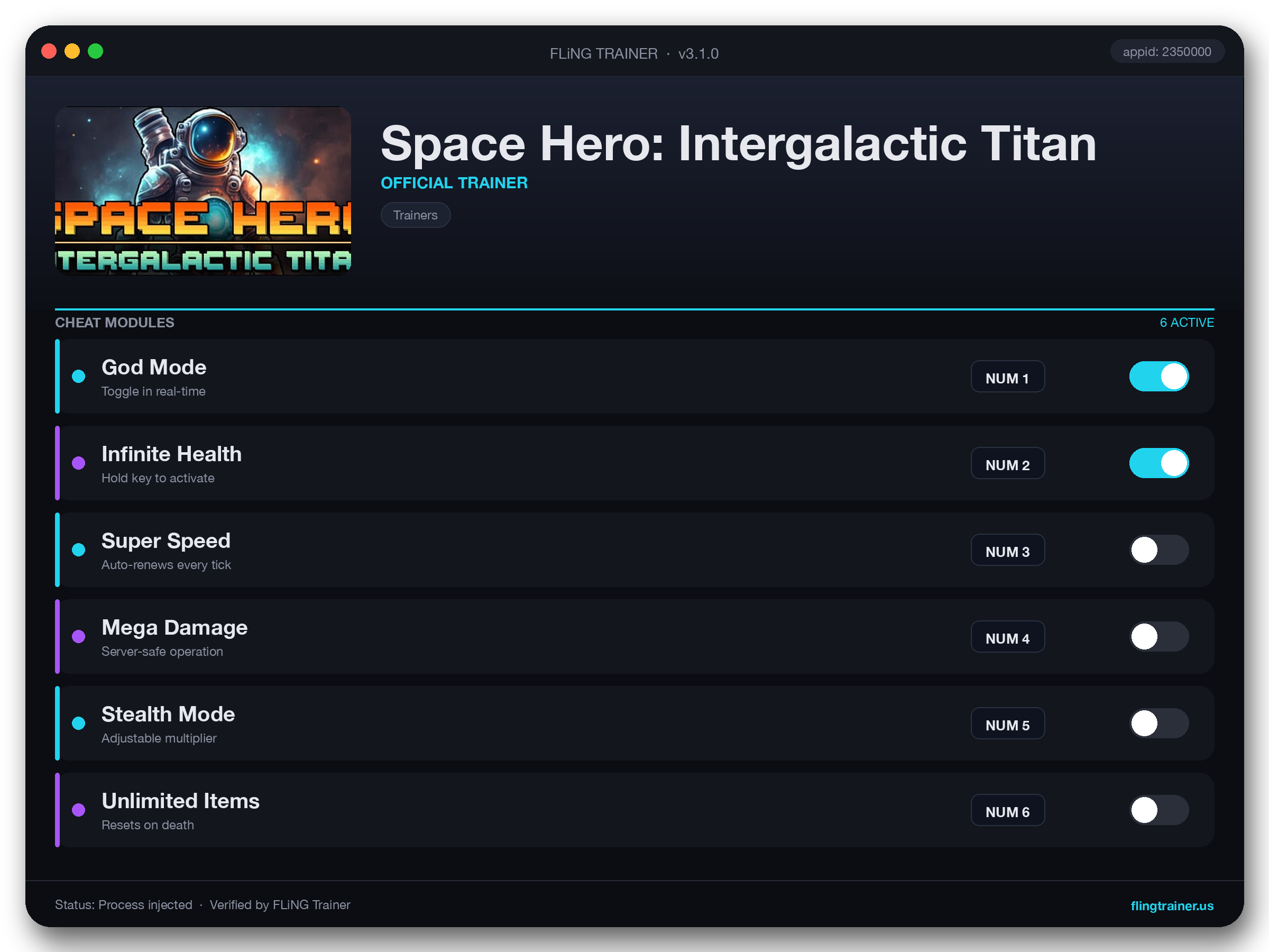 Space Hero: Intergalactic Titan Trainer interface