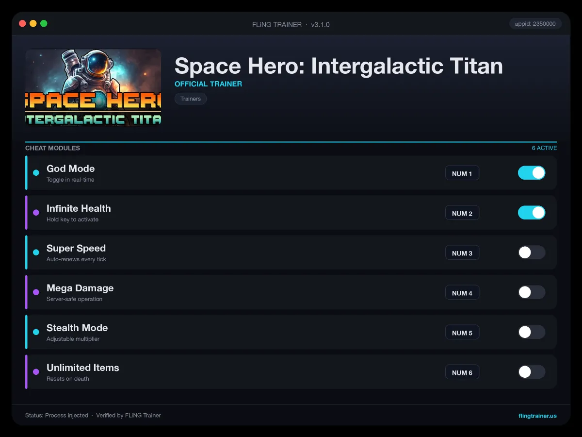 Space Hero: Intergalactic Titan Trainer interface