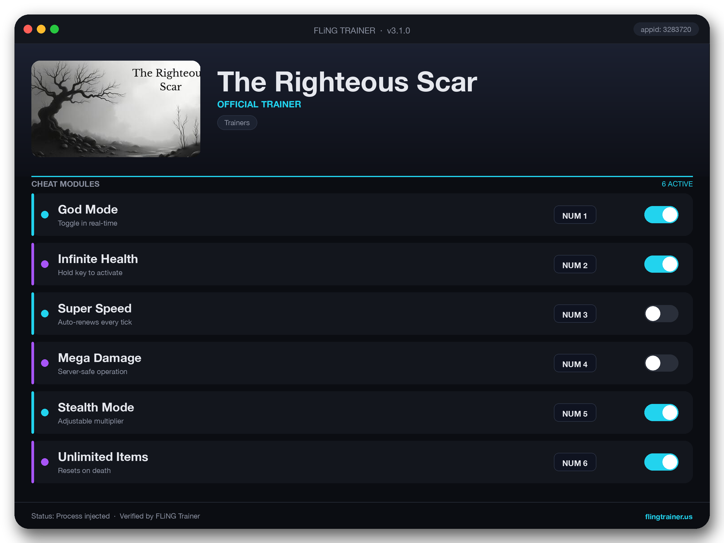 The Righteous Scar Trainer interface