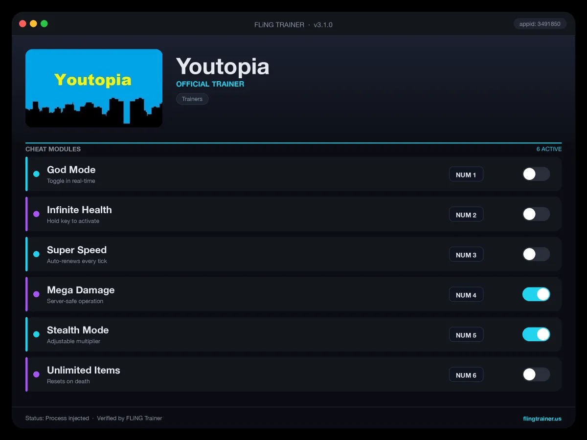 Youtopia Trainer interface