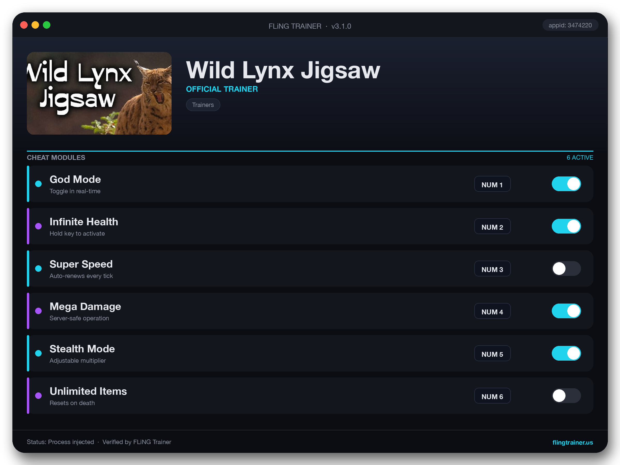 Wild Lynx Jigsaw Trainer interface
