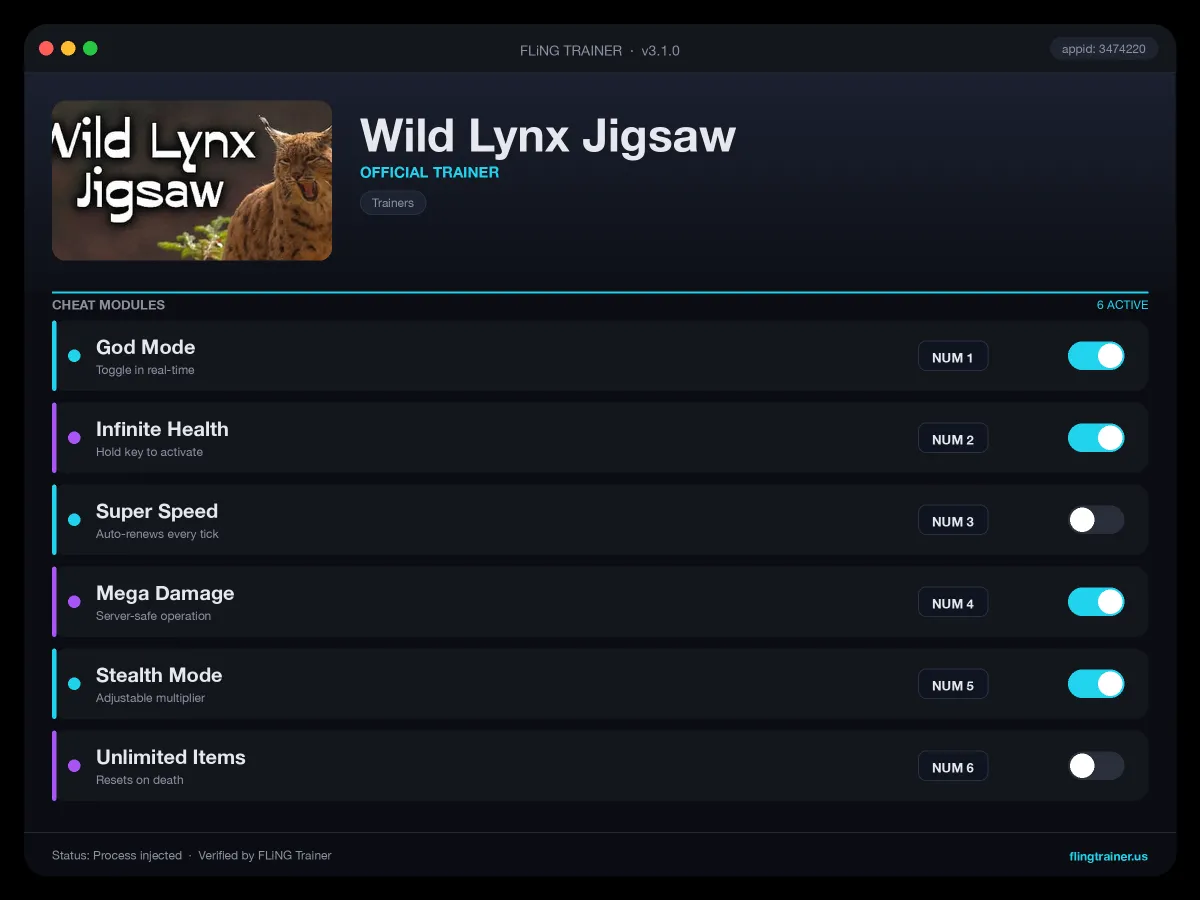 Wild Lynx Jigsaw Trainer interface