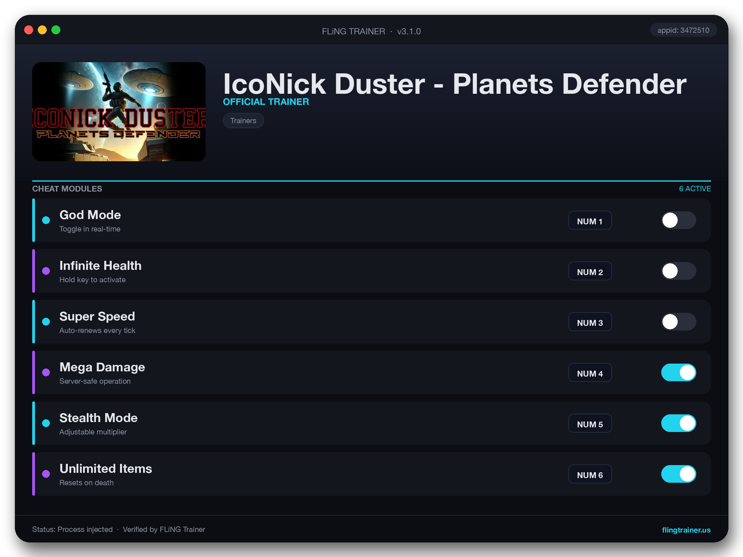 IcoNick Duster - Planets Defender Trainer interface
