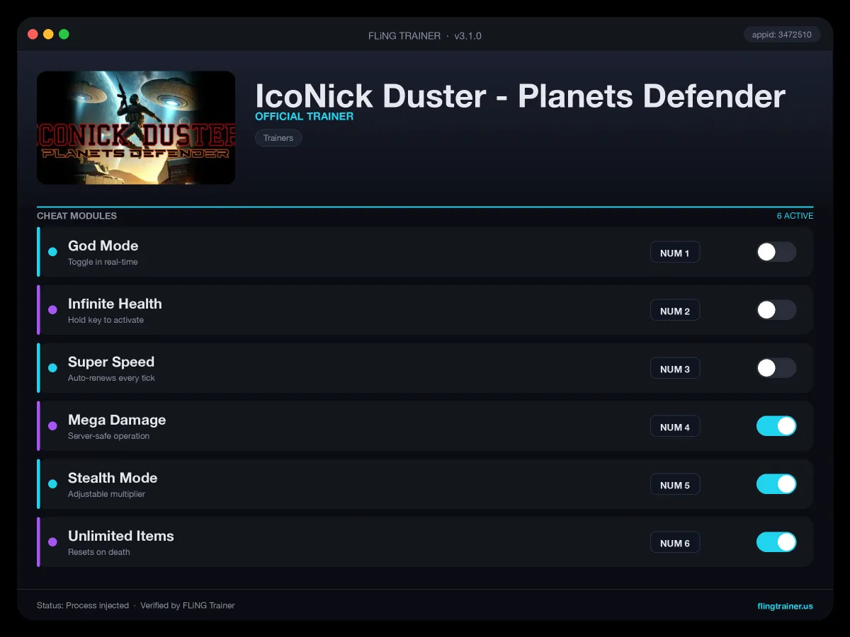 IcoNick Duster - Planets Defender Trainer interface