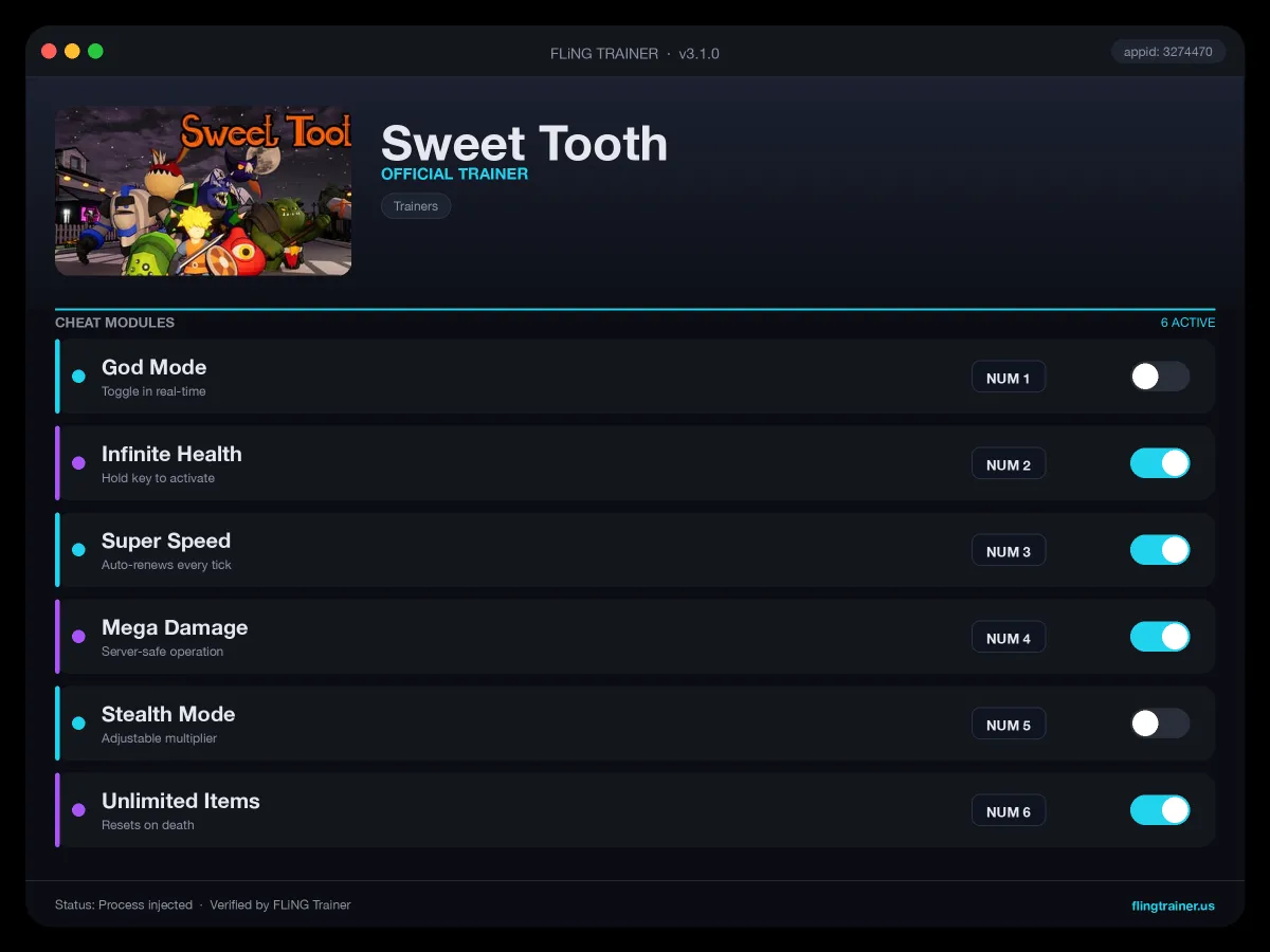 Sweet Tooth Trainer interface