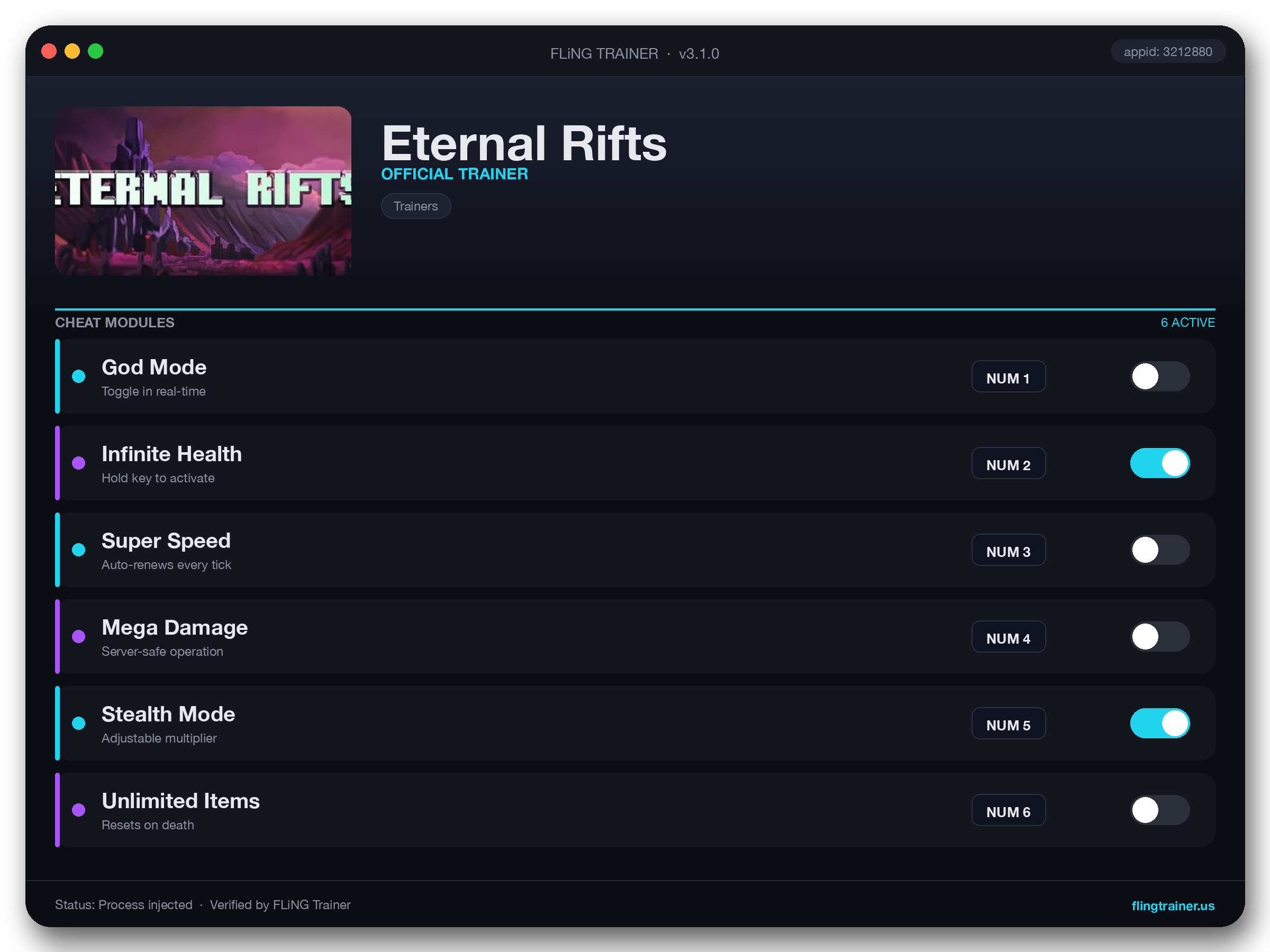 Eternal Rifts Trainer interface