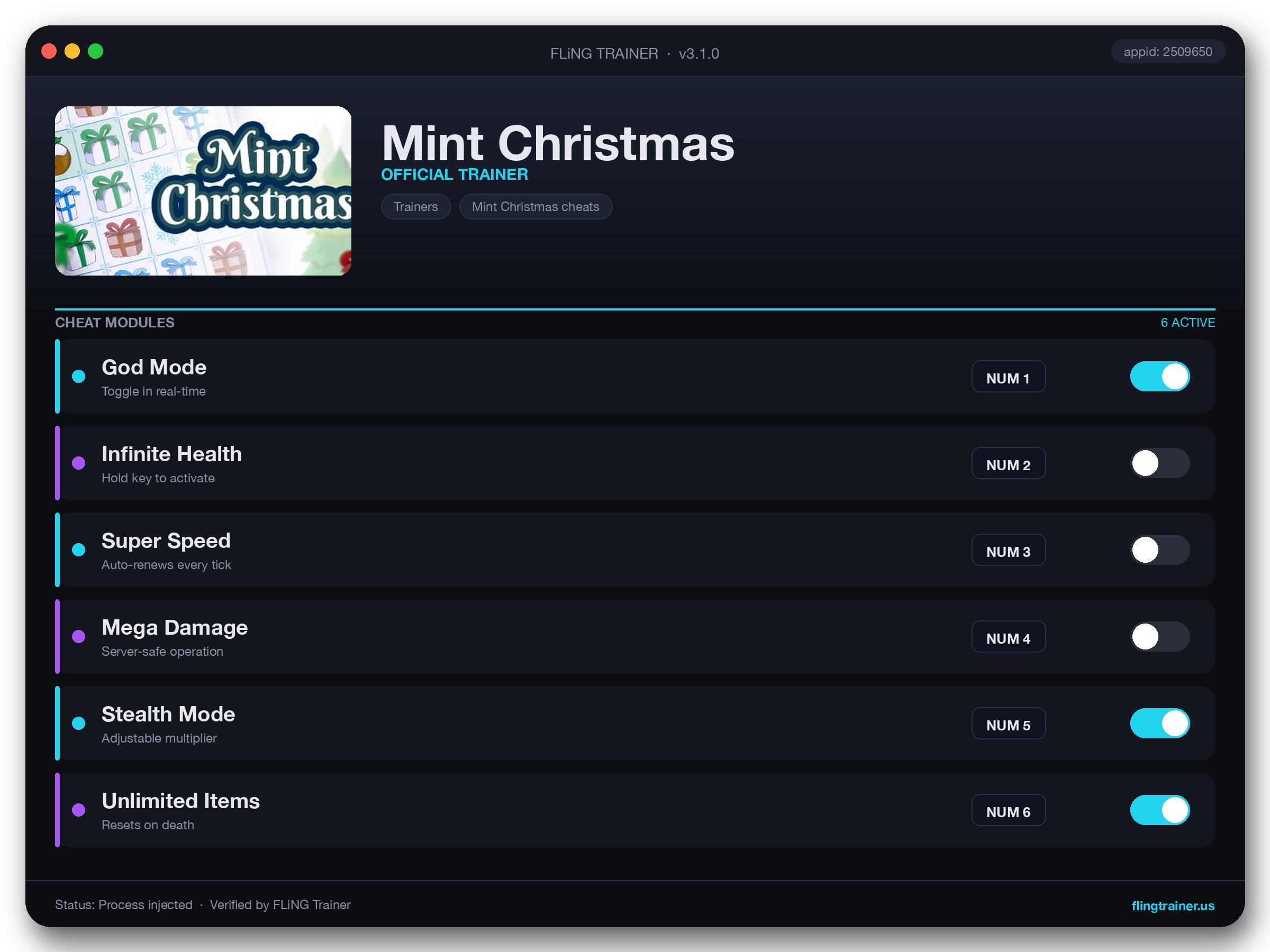 Mint Christmas Trainer interface