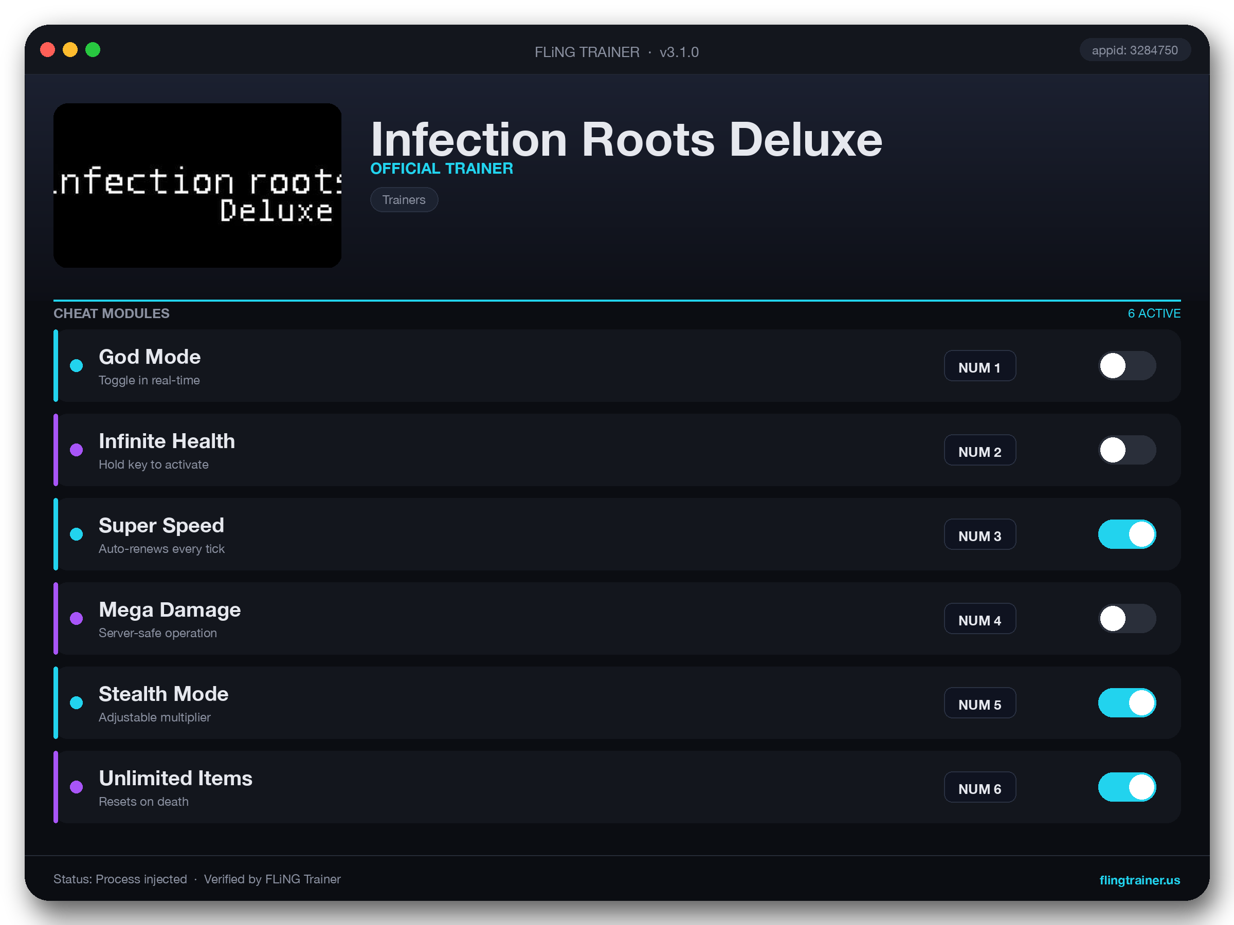 Infection Roots Deluxe Trainer interface