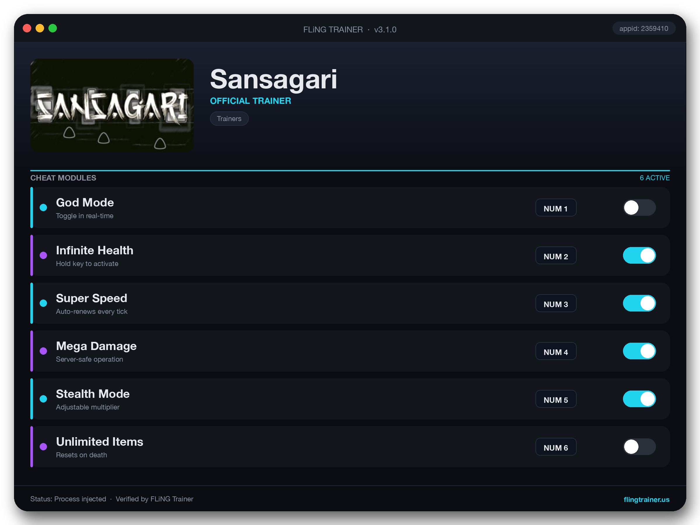Sansagari Trainer interface