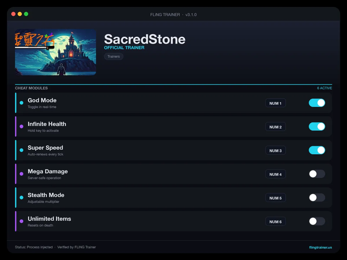 SacredStone Trainer interface