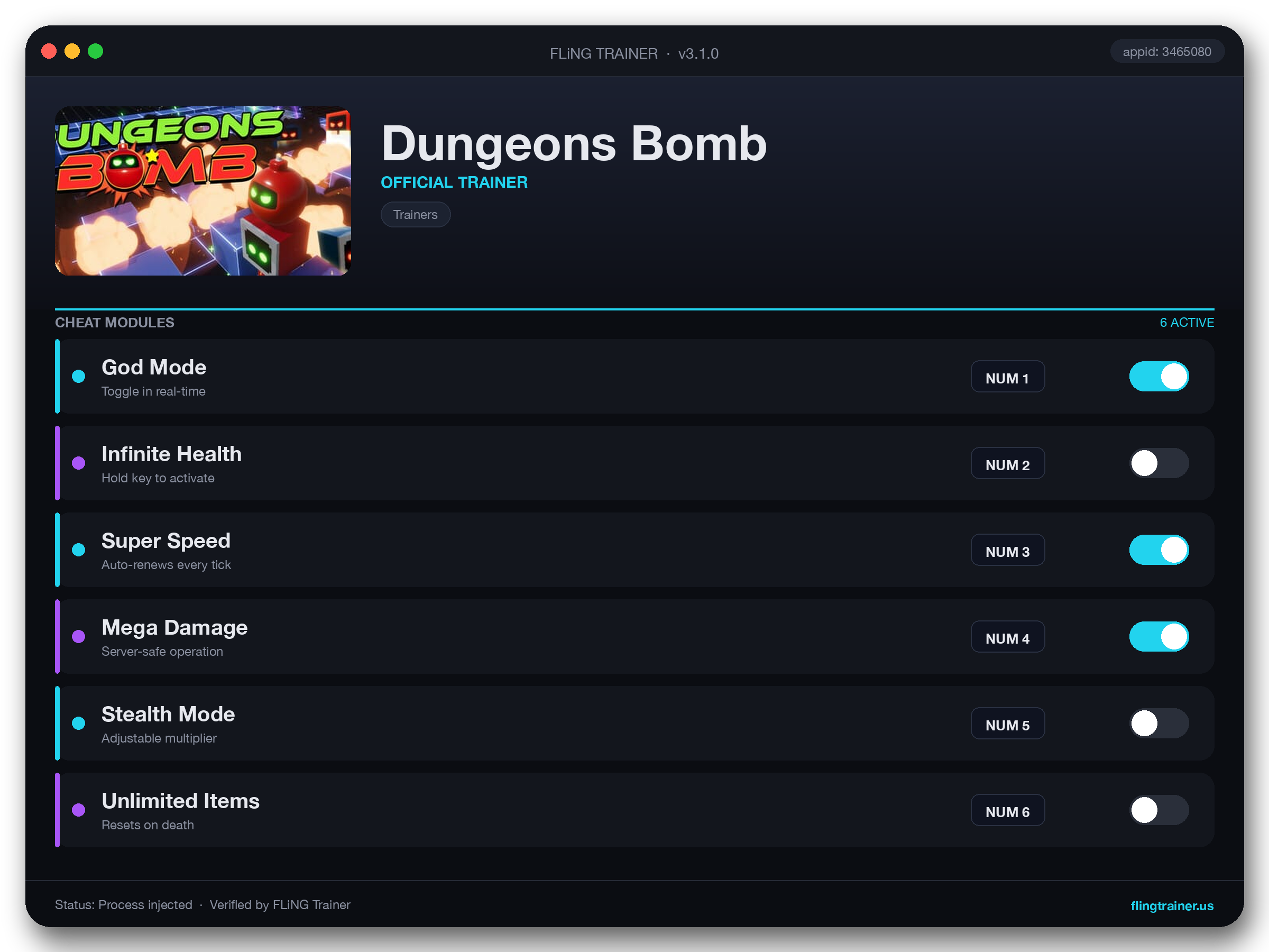 Dungeons Bomb Trainer interface