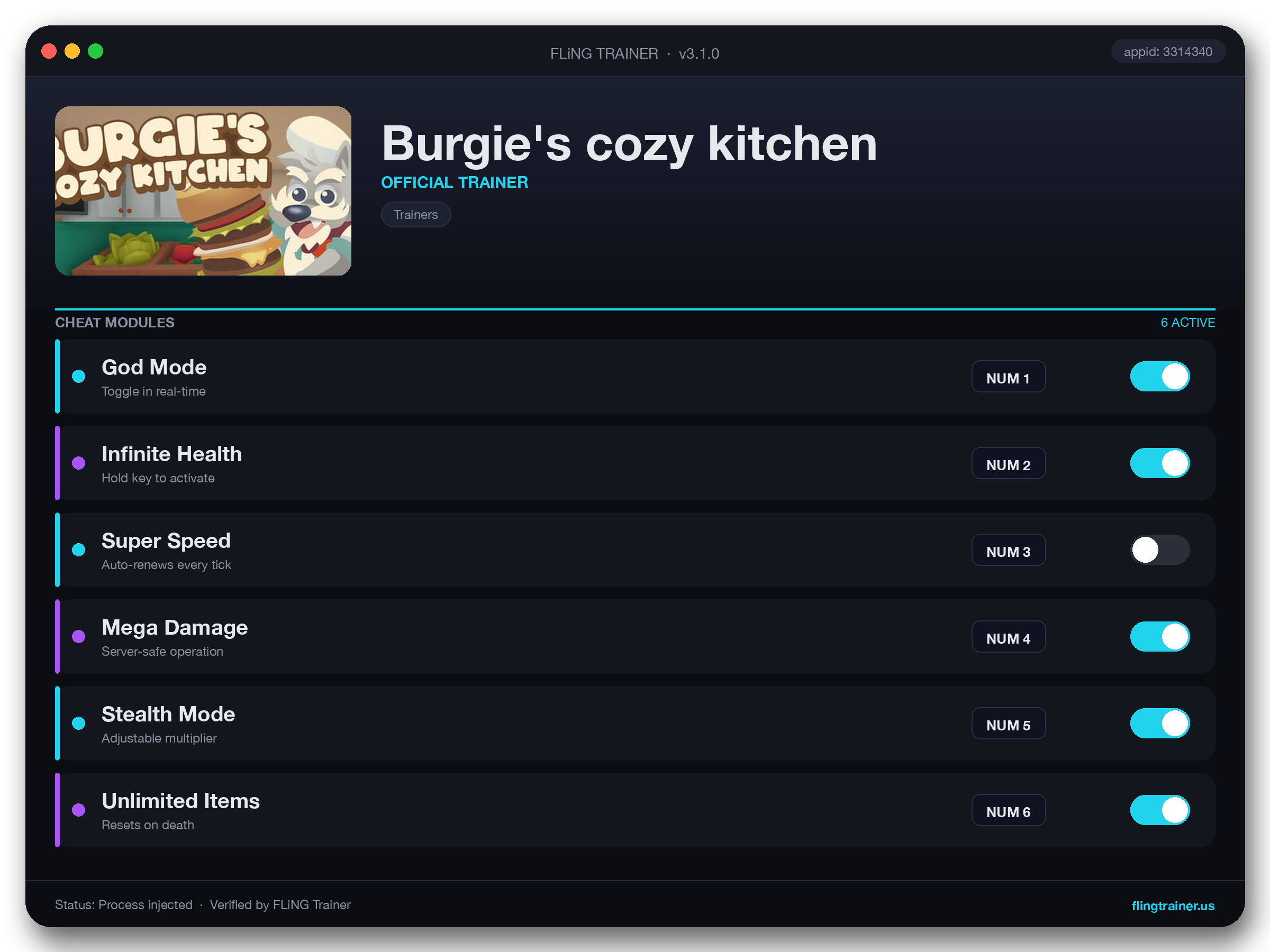 Burgie's cozy kitchen Trainer interface