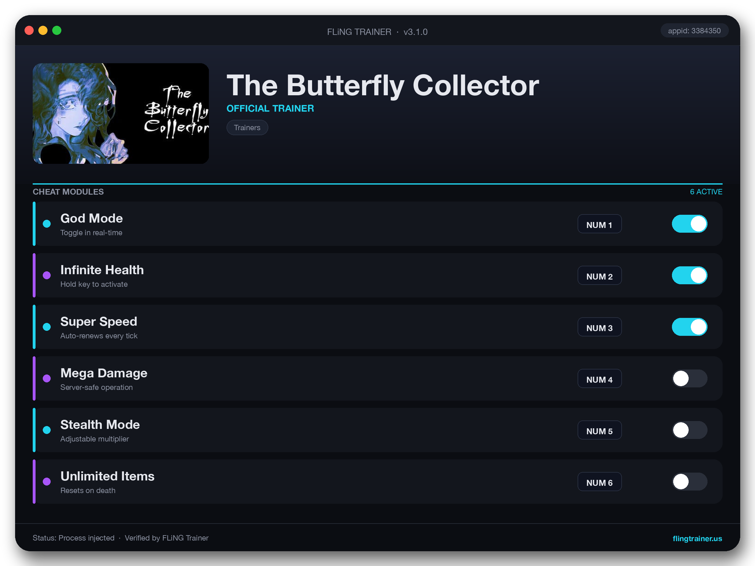 The Butterfly Collector Trainer interface