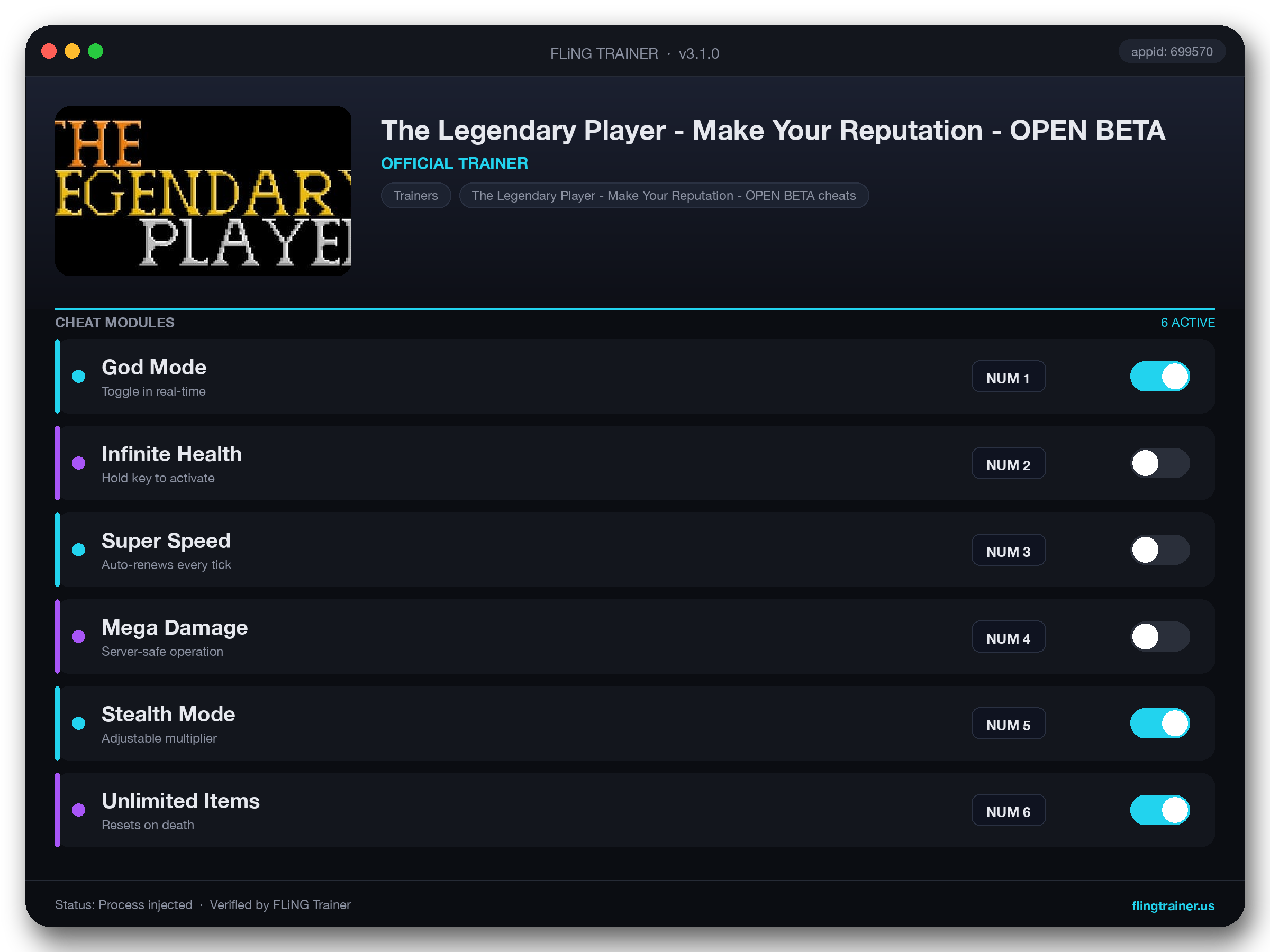 The Legendary Player - Make Your Reputation - OPEN BETA Trainer interface