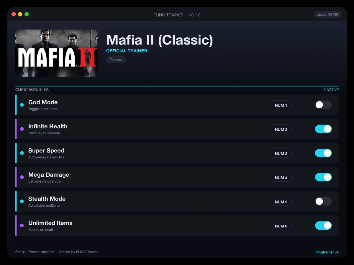 Mafia II (Classic) Trainer interface