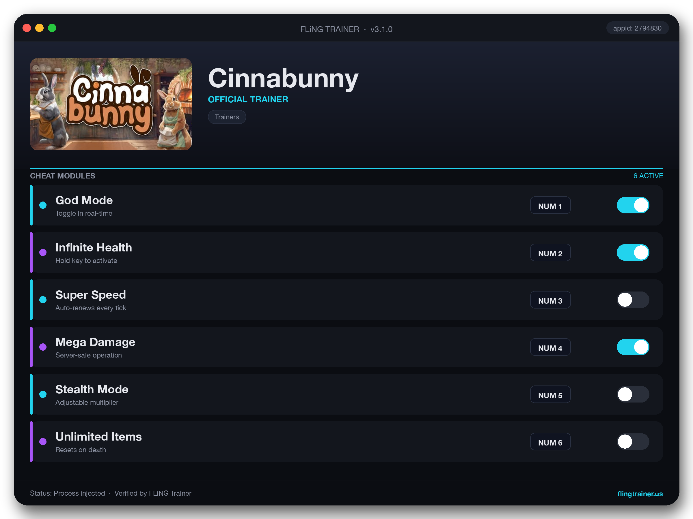 Cinnabunny Trainer interface