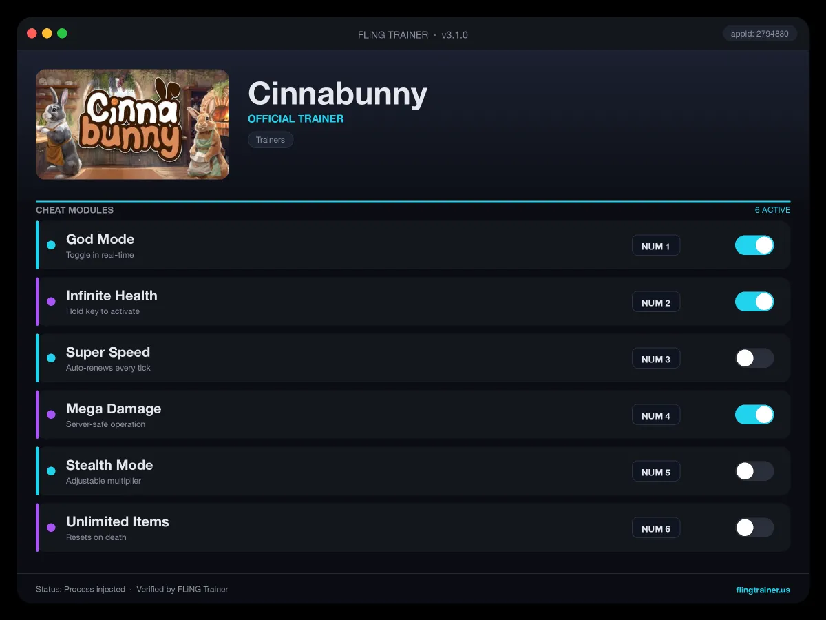 Cinnabunny Trainer interface