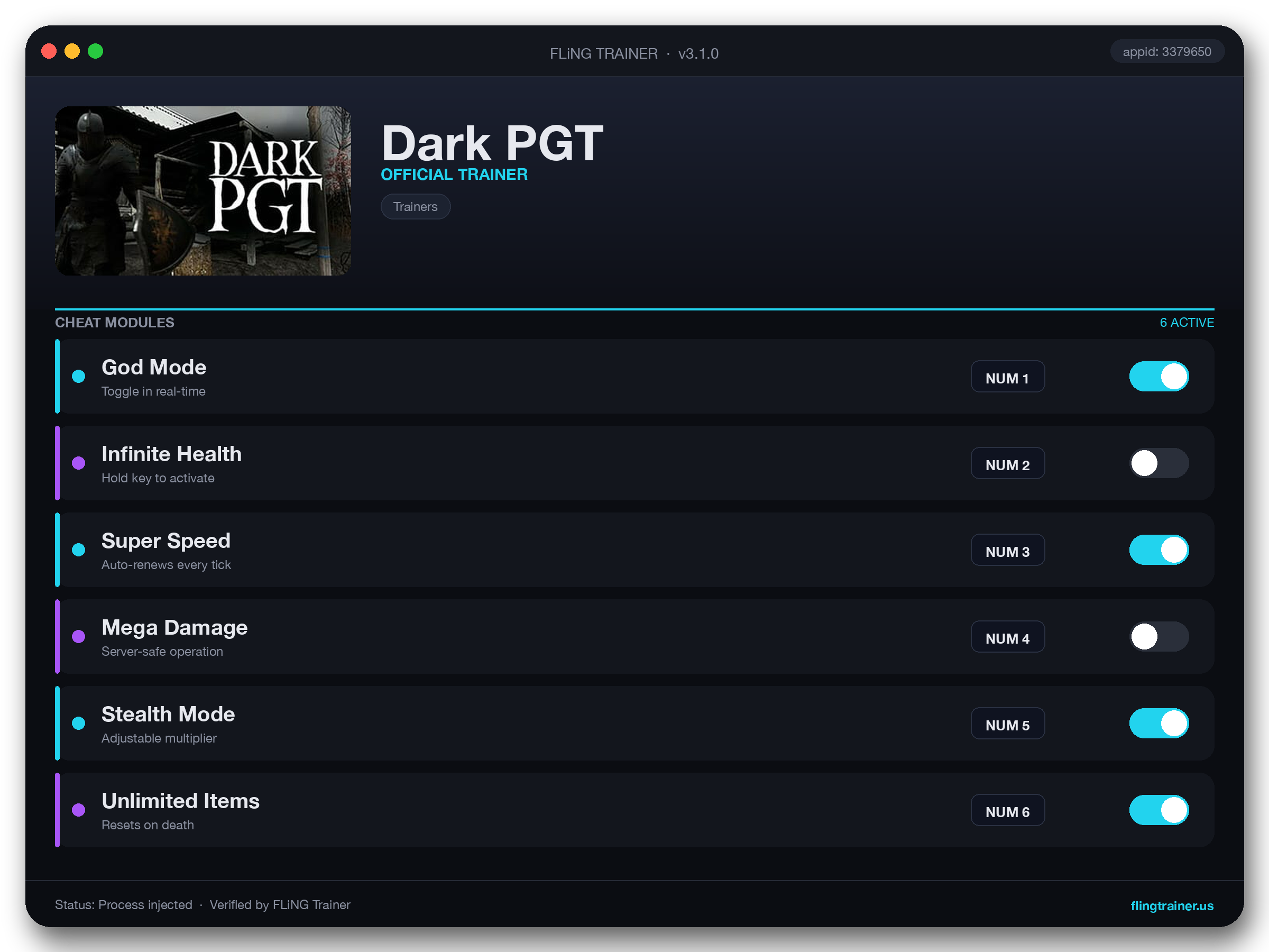 Dark PGT Trainer interface