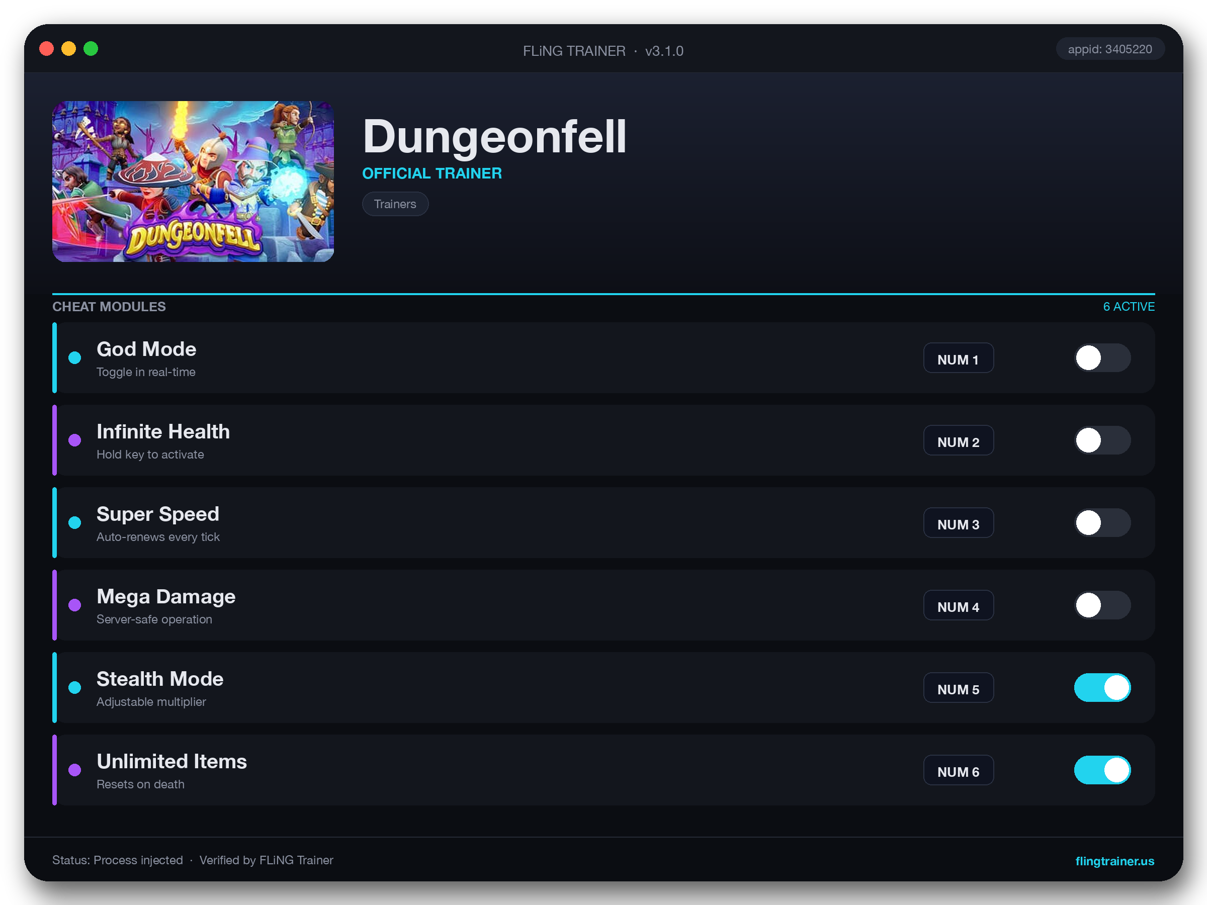 Dungeonfell Trainer interface