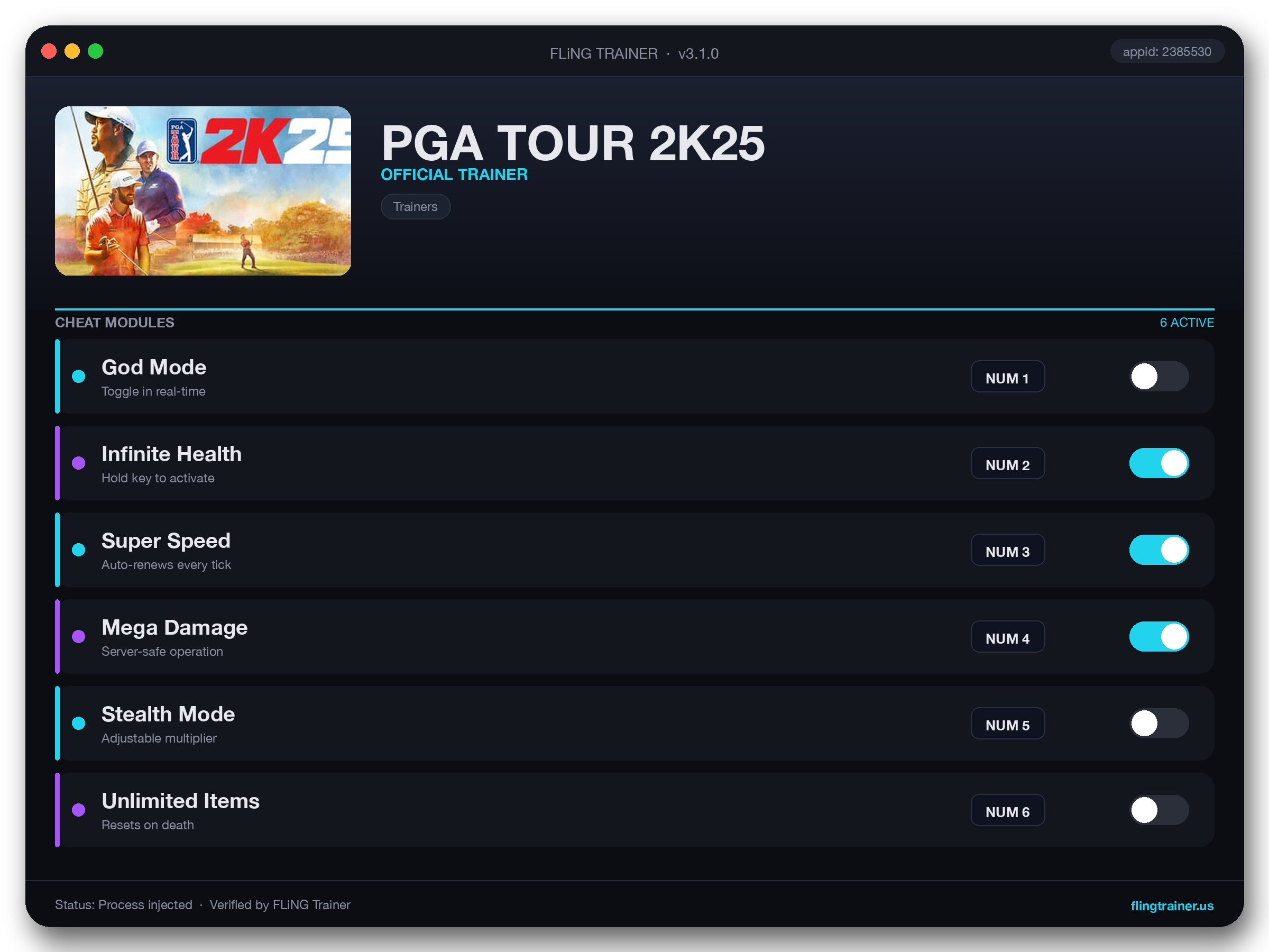 PGA TOUR 2K25 Trainer interface