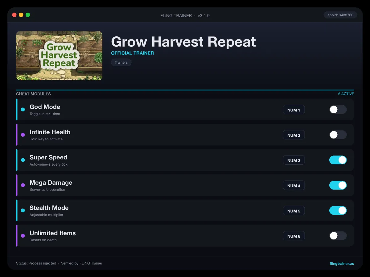 Grow Harvest Repeat Trainer interface