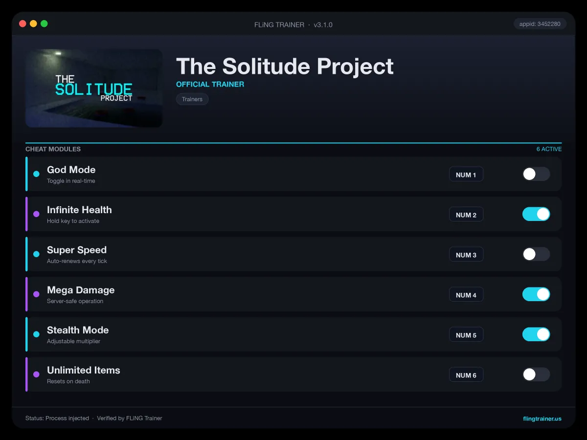 The Solitude Project Trainer interface