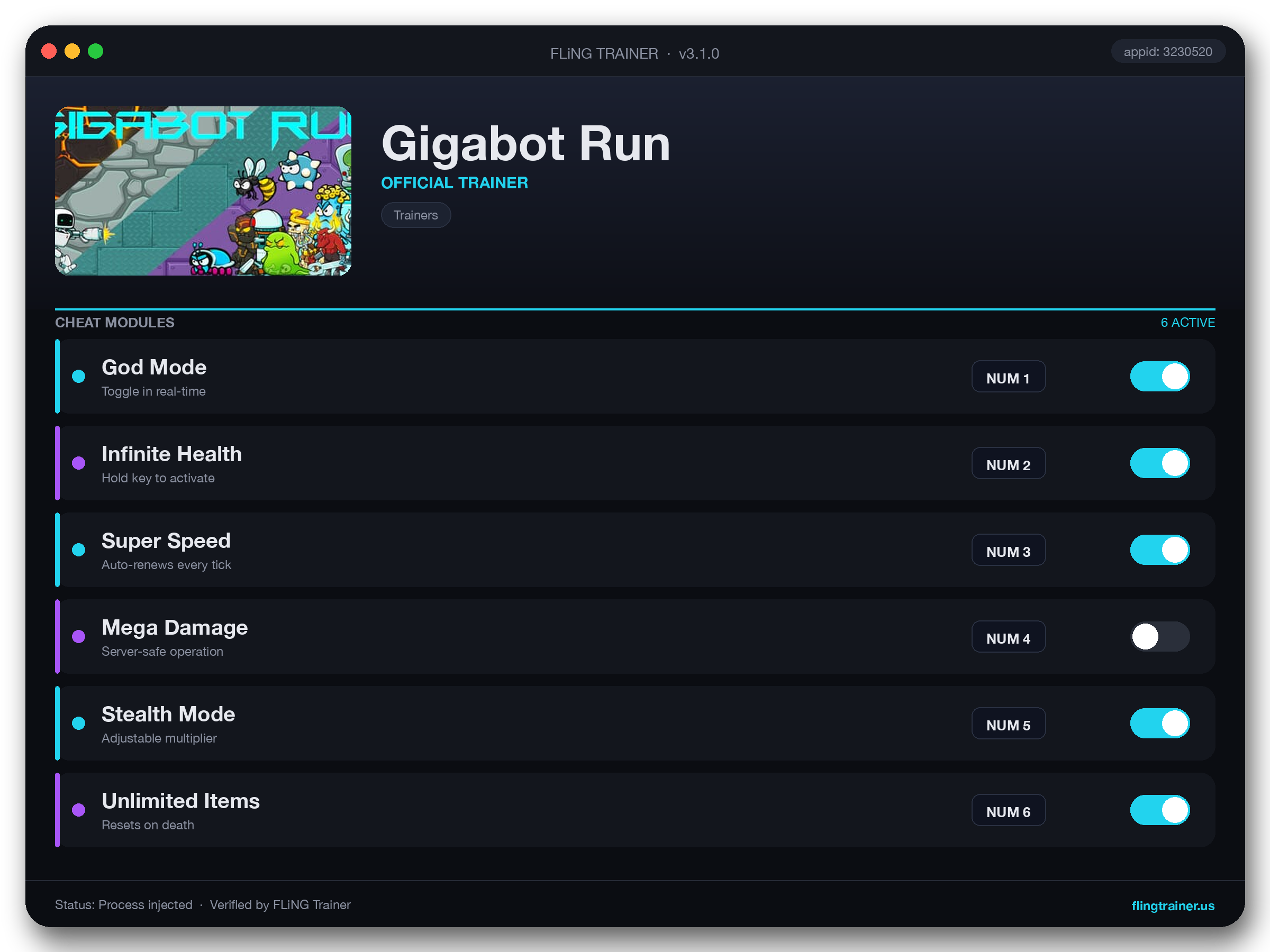 Gigabot Run Trainer interface