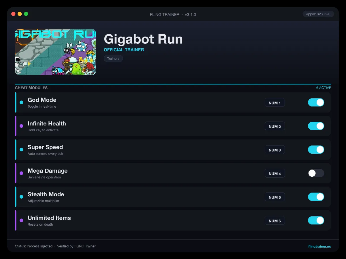 Gigabot Run Trainer interface