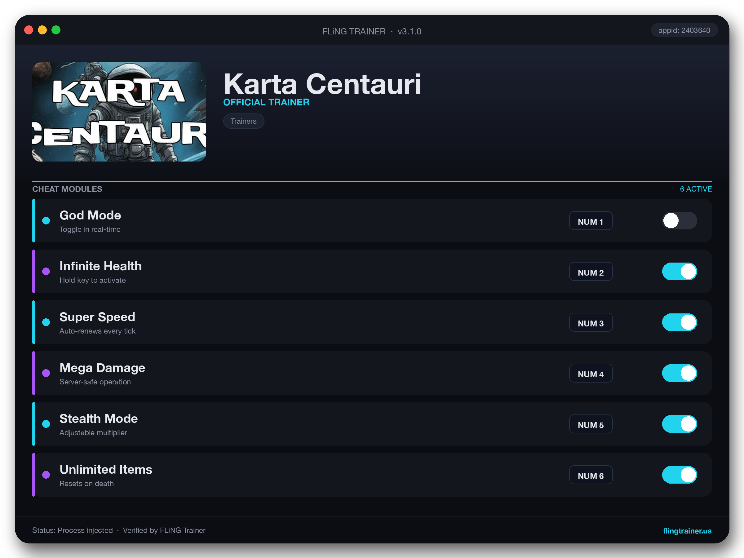 Karta Centauri Trainer interface