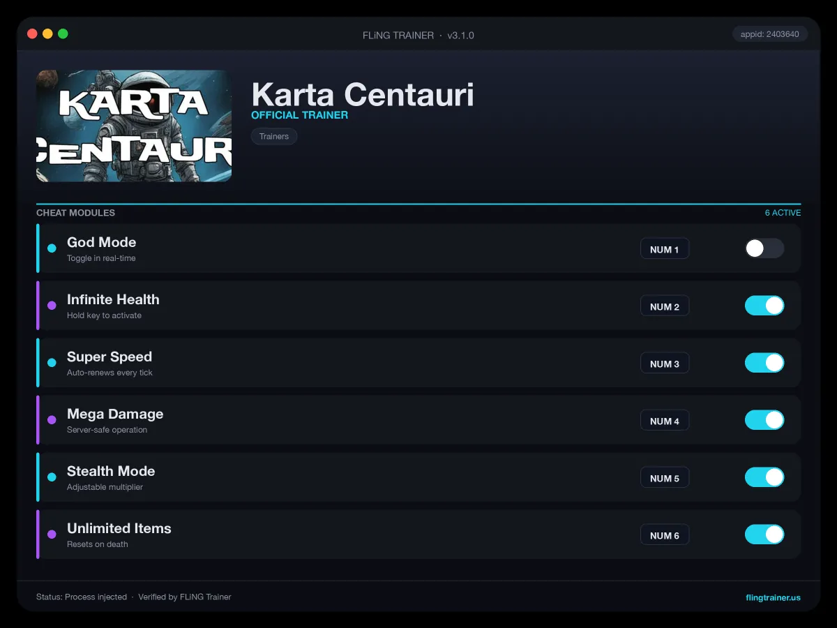 Karta Centauri Trainer interface