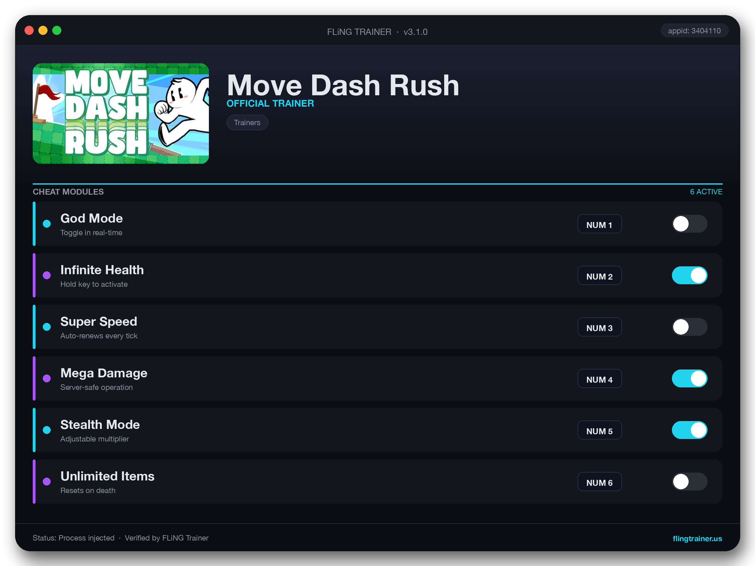 Move Dash Rush Trainer interface