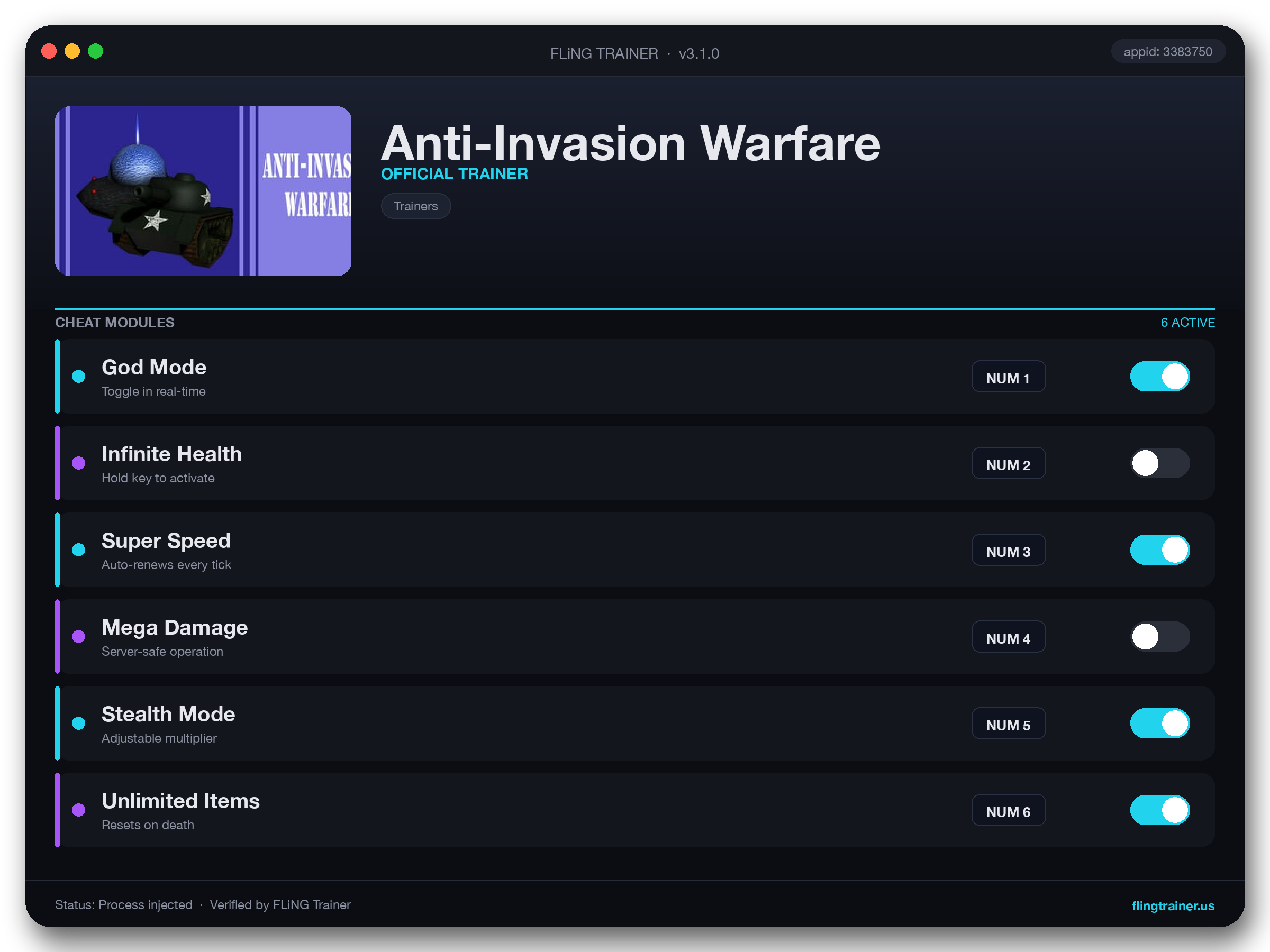Anti-Invasion Warfare Trainer interface