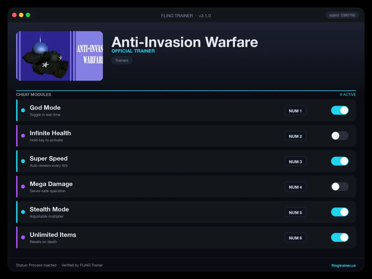 Anti-Invasion Warfare Trainer interface